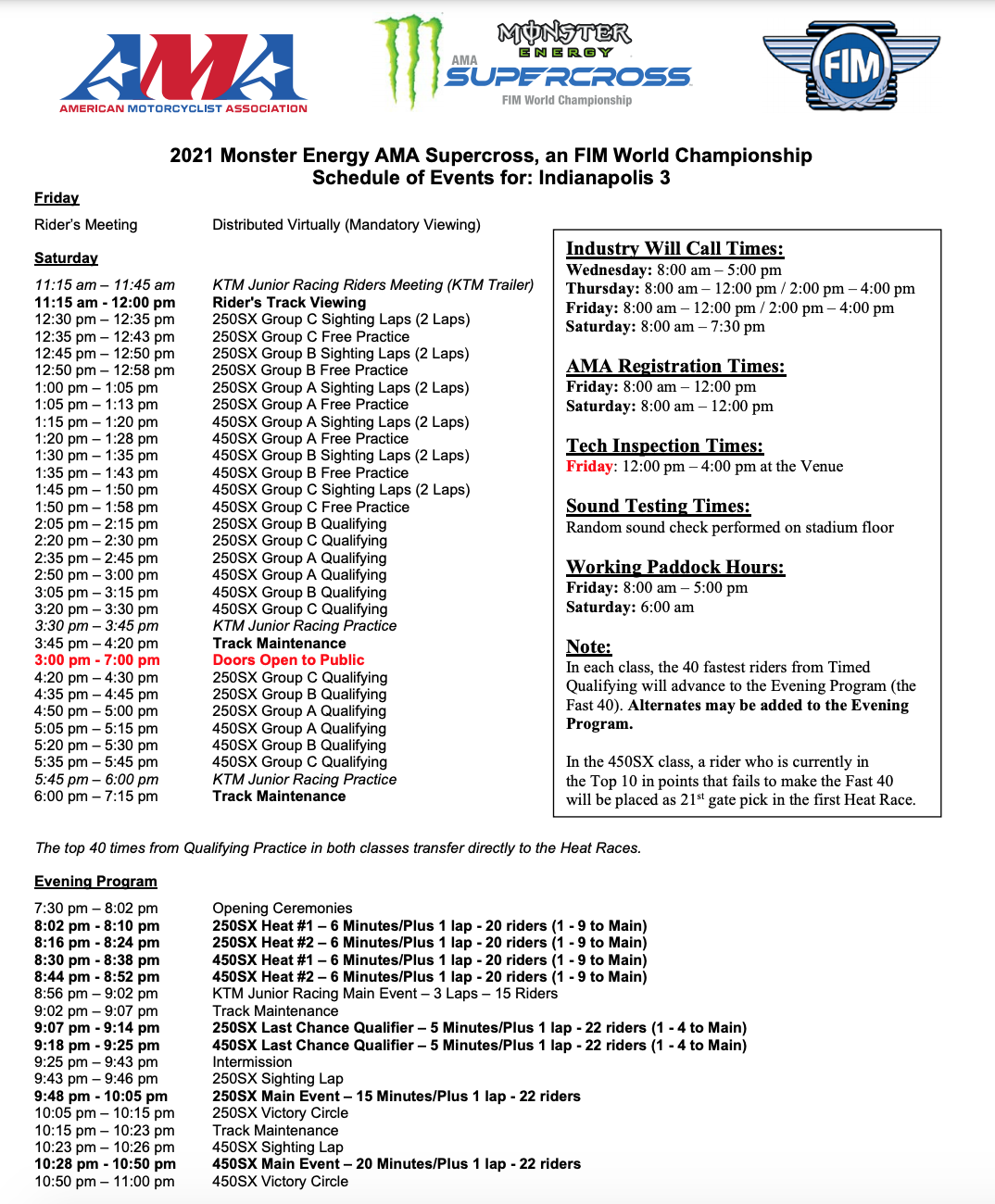 2021 Indianapolis 3 Supercross race day schedule