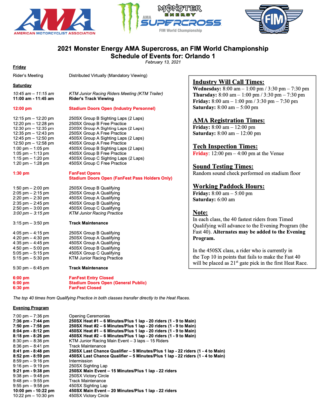 The 2021 Orlando 1 Supercross race day schedule.