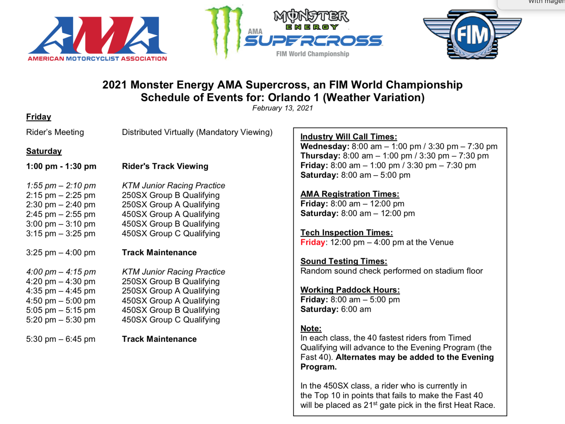 New schedule as of Saturday morning. Free practice is cancelled but two regular timed sessions remain. We don't know if that will hold.