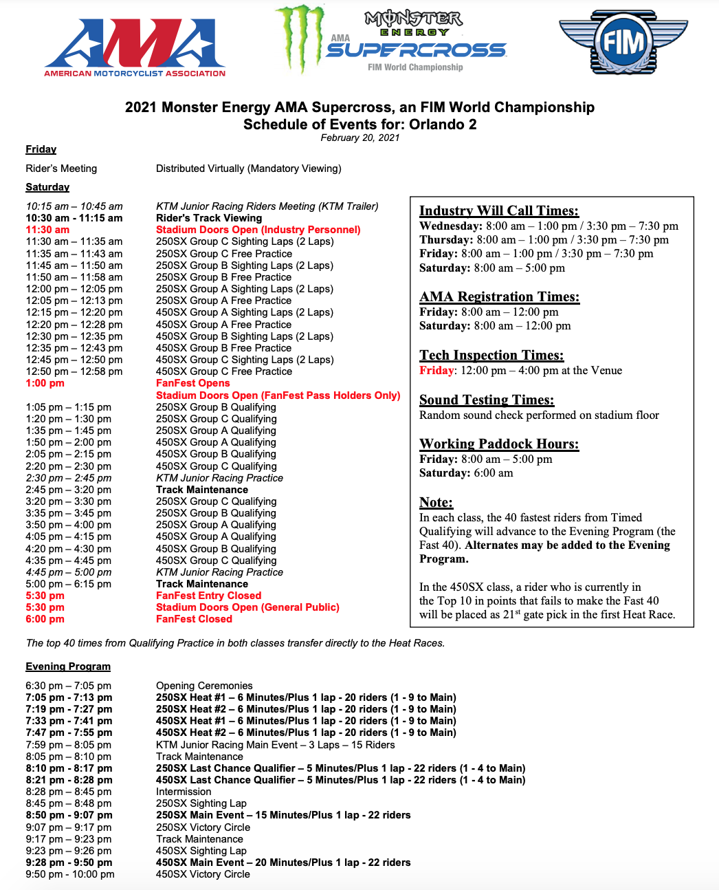 The 2021 Orlando 2 Supercross race day schedule.