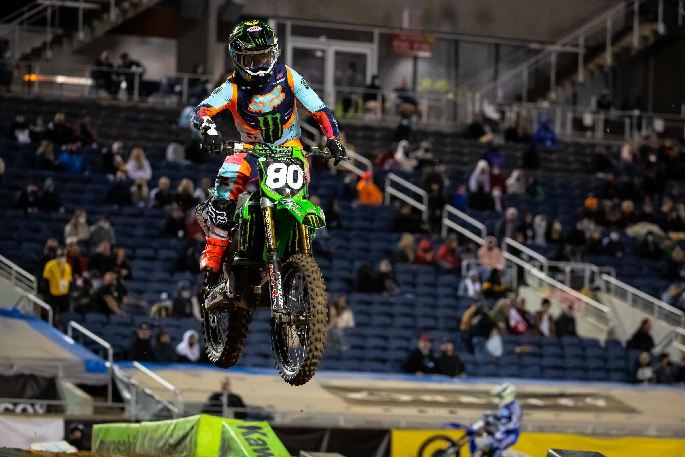 After the full restart in the 250SX main event, Jordon Smith was running second to Cooper. But on the third lap he had a big crash in the whoops where he slammed into the face of the takeoff that followed. He was out of the race after that.