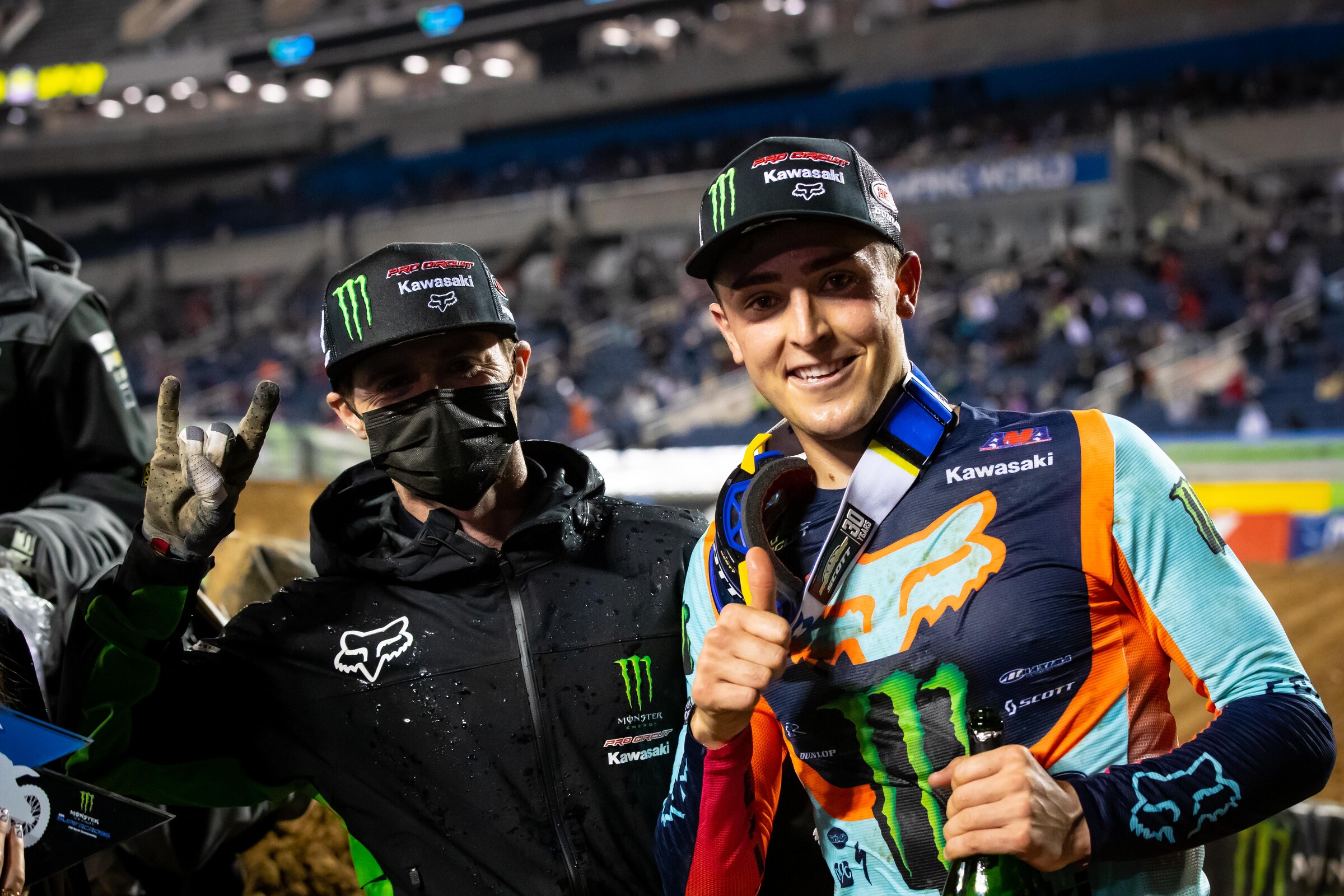 Cameron McAdoo with his mechanic Kyle Defoe after finishing second at the opening 250SX West Region round. McAdoo also won his heat race to start off the night.