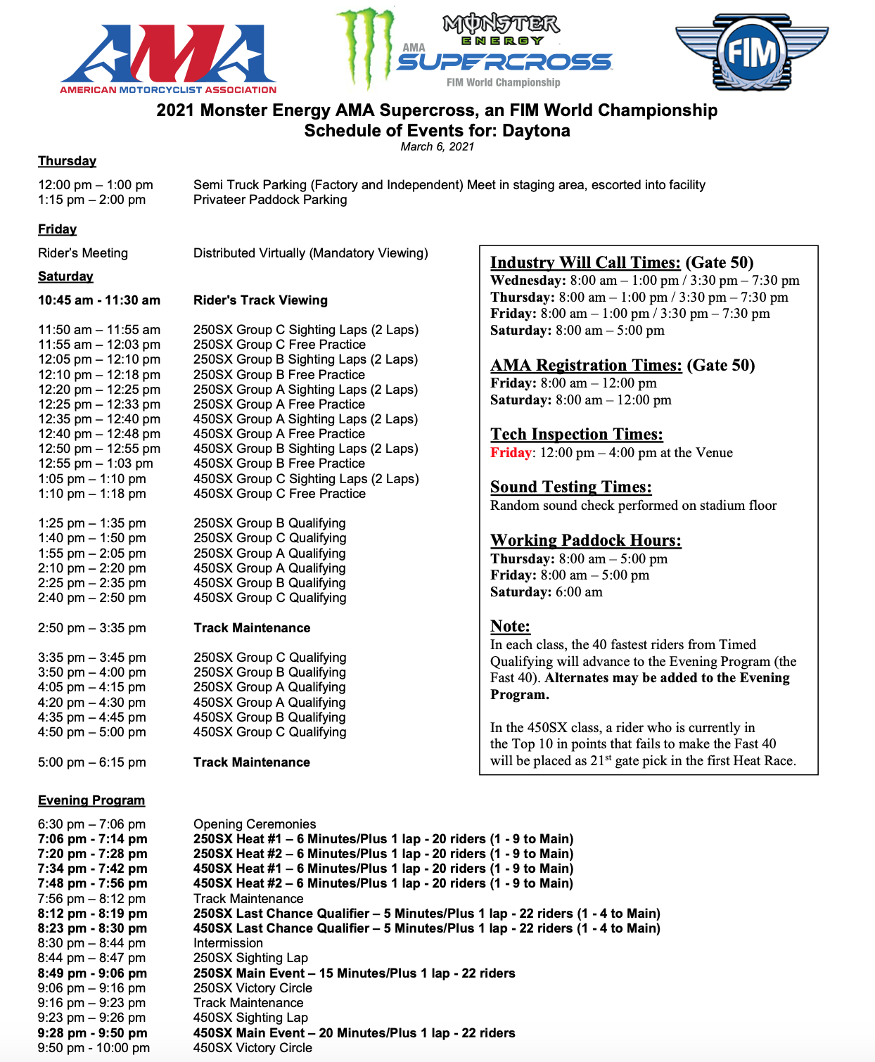 The 2021 Daytona Supercross race day schedule.