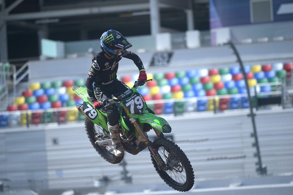 Kawasaki rider Jett Reynolds captured the Supercross Futures win on Monday.