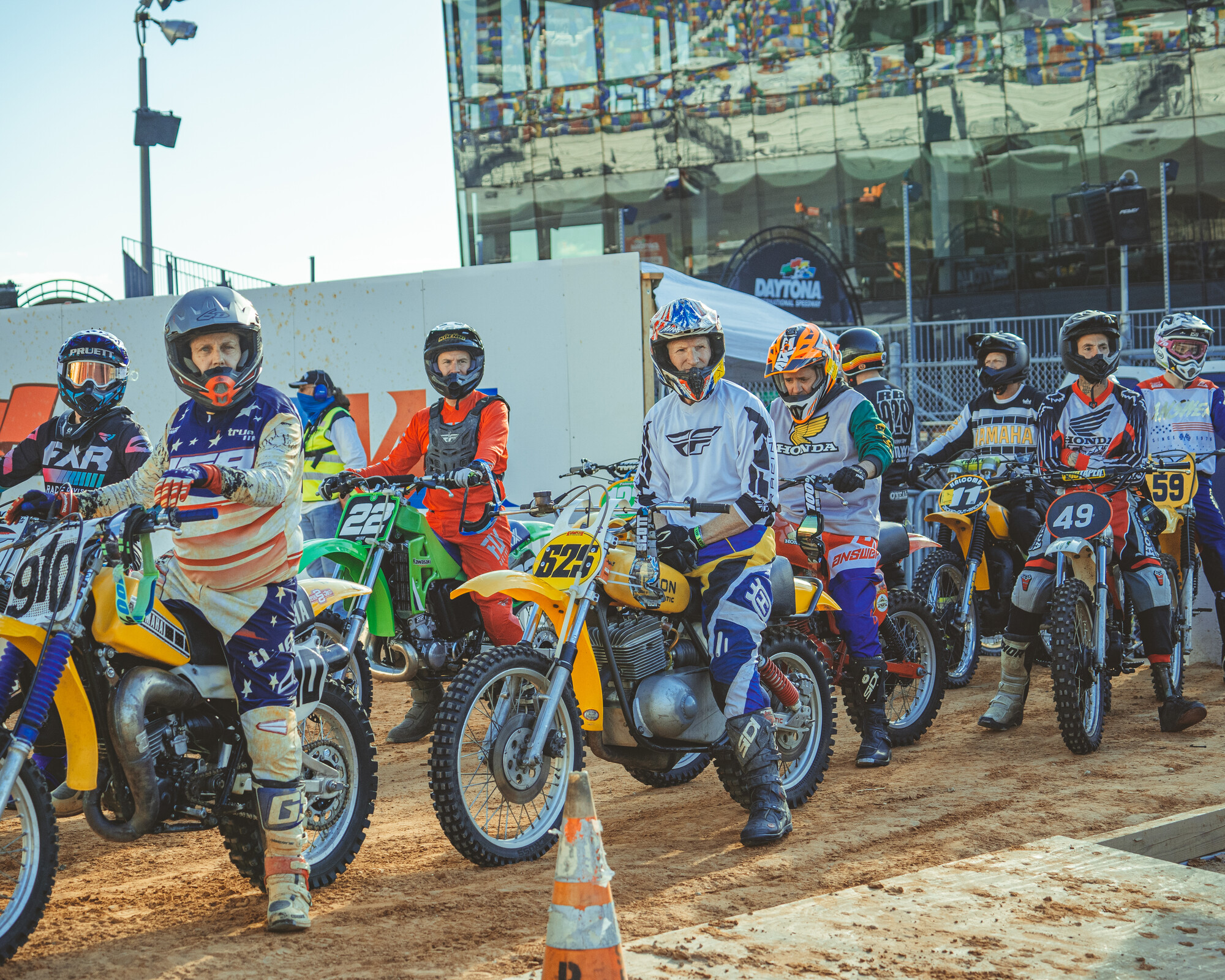 Riders ready to take do the vintage supercross track at the Daytona International Speedway.