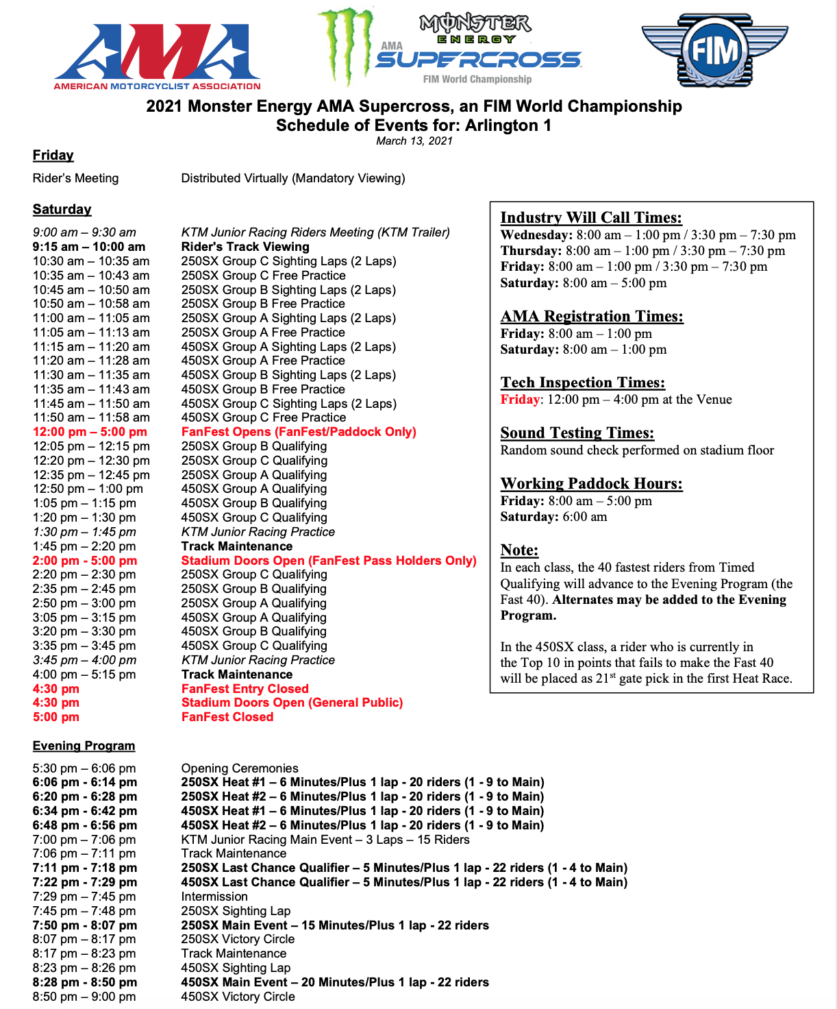 The 2021 Daytona Supercross race day schedule.