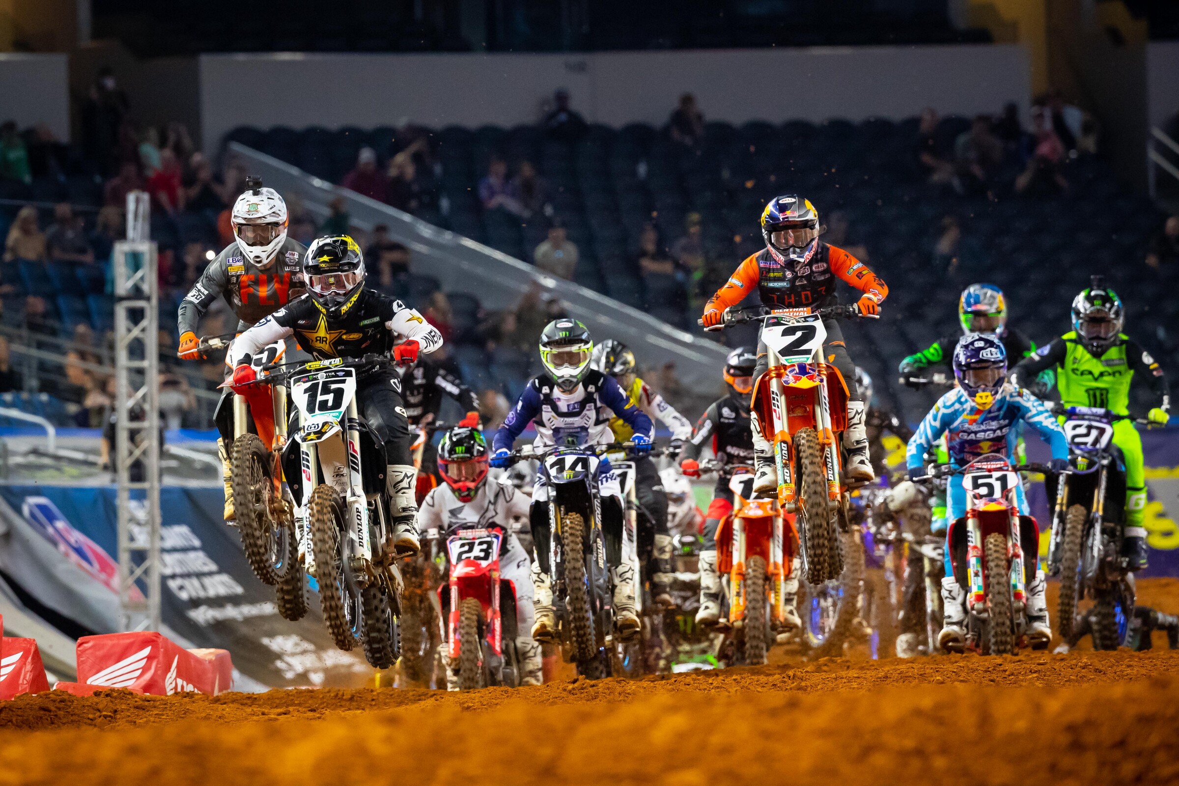 Dean Wilson and Cooper Webb out front of the 450SX main event.