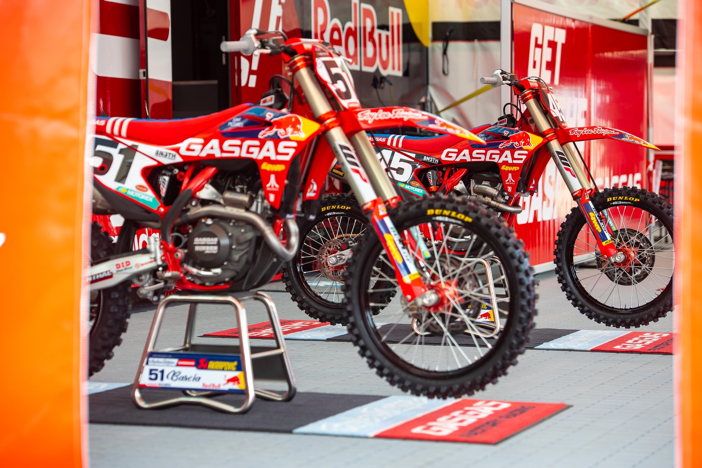 Justin Barcia's GasGas MC 450F and Pierce Brown's GasGas MC 250F. Brown's bike will remain in the pits all day as he is out today with an injury.
