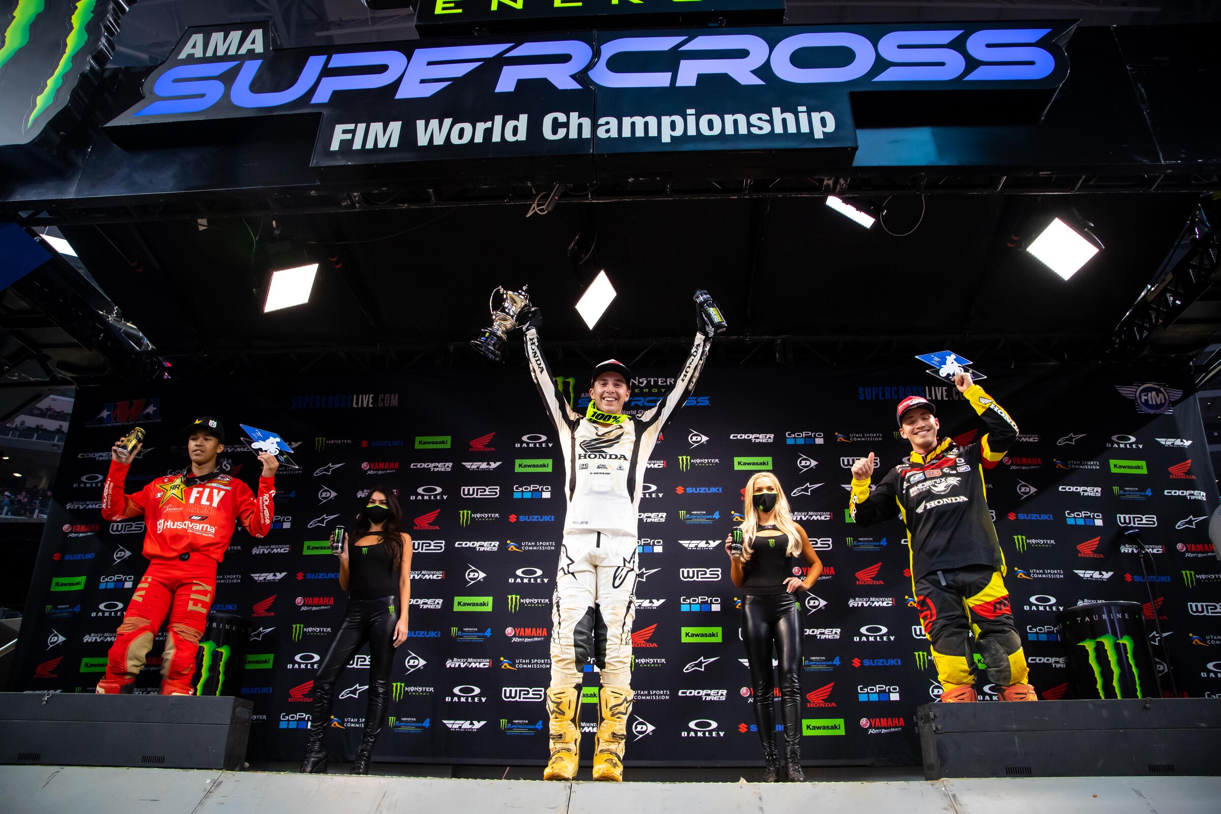 Hunter Lawrence, Jalek Swoll, and Kyle Peters on the podium at Arlington 2.