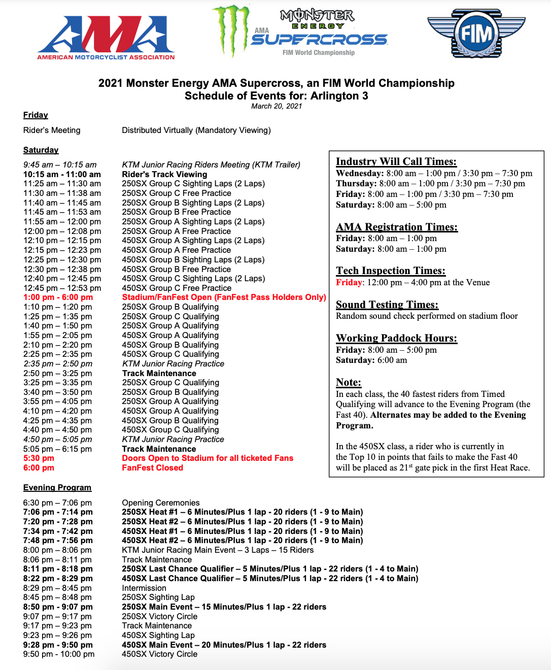 The 2021 Arlington 3 Supercross race day schedule.