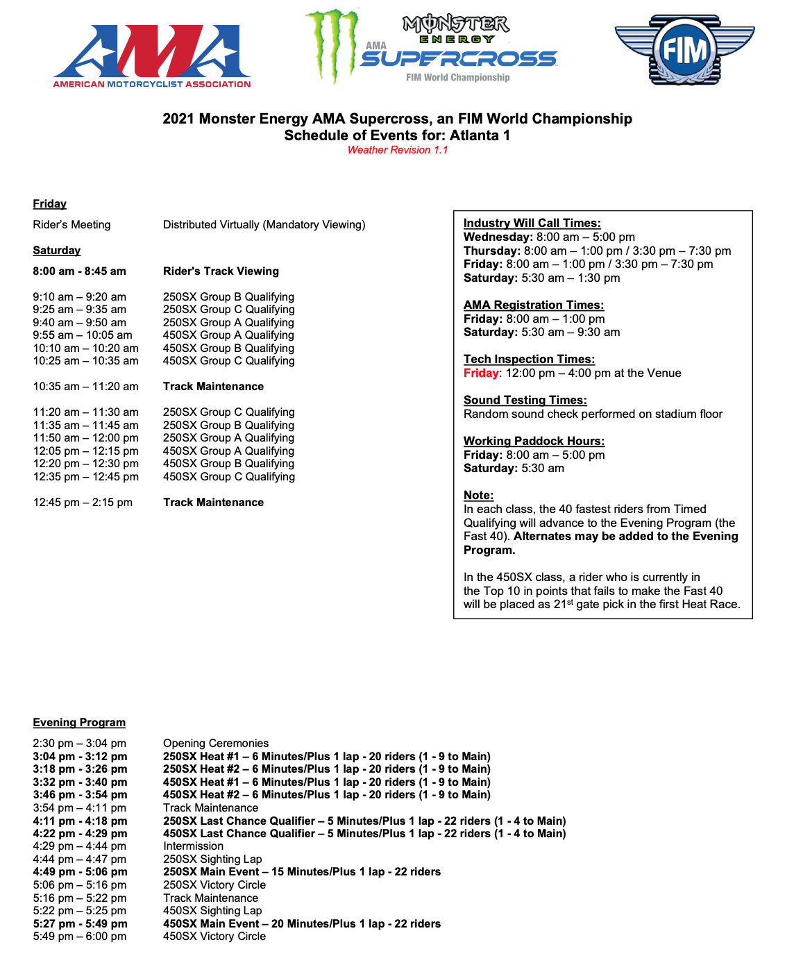 The 2021 Atlanta 1 Supercross revised race day schedule.