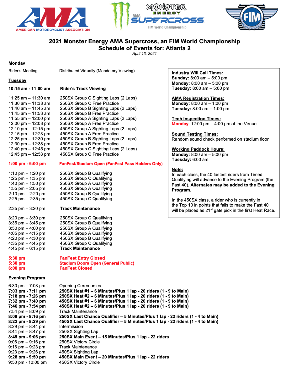 The 2021 Atlanta 2 Supercross race day schedule.