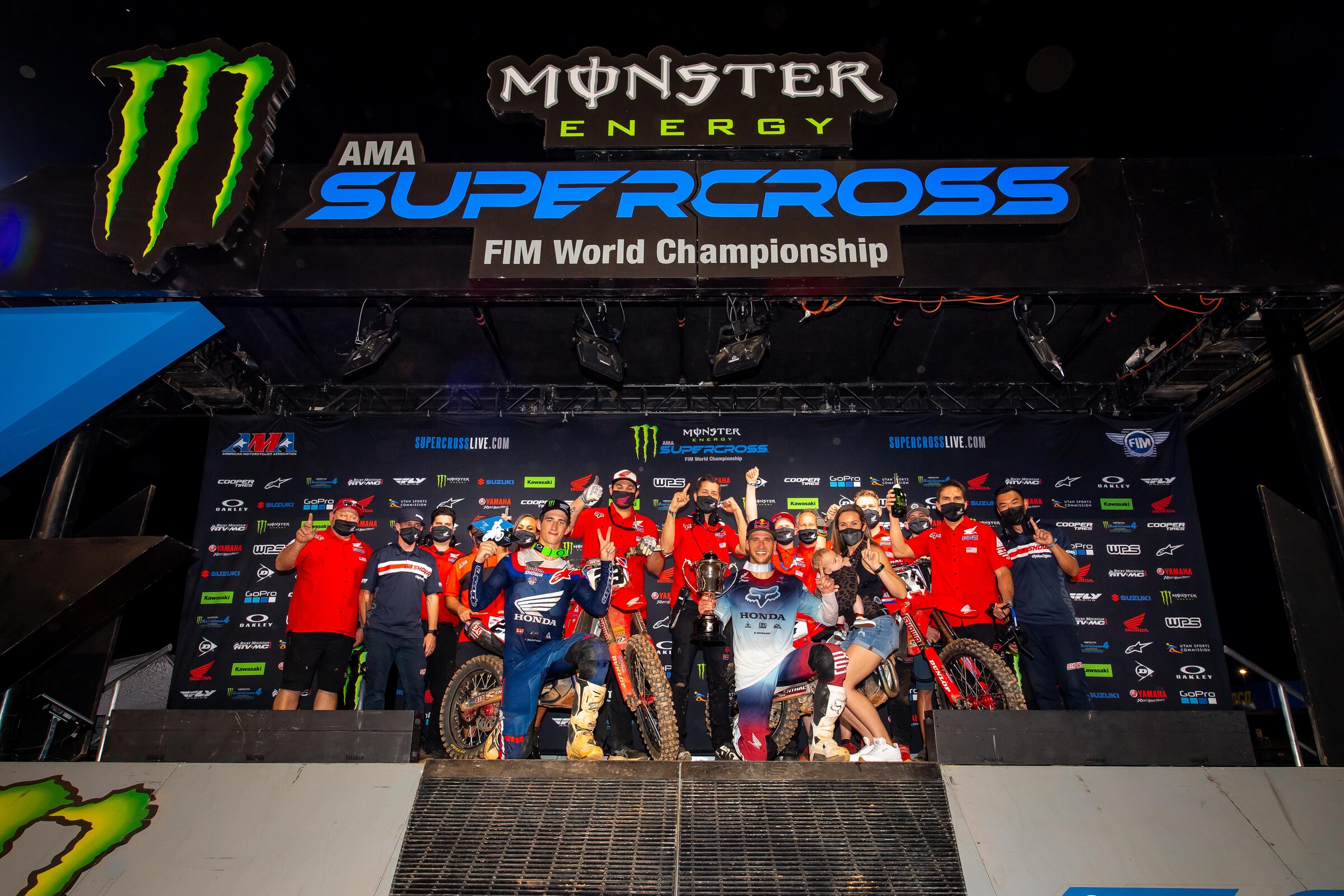 The Honda HRC team celebrates 1-2 finishes by Ken Roczen and Chase Sexton.