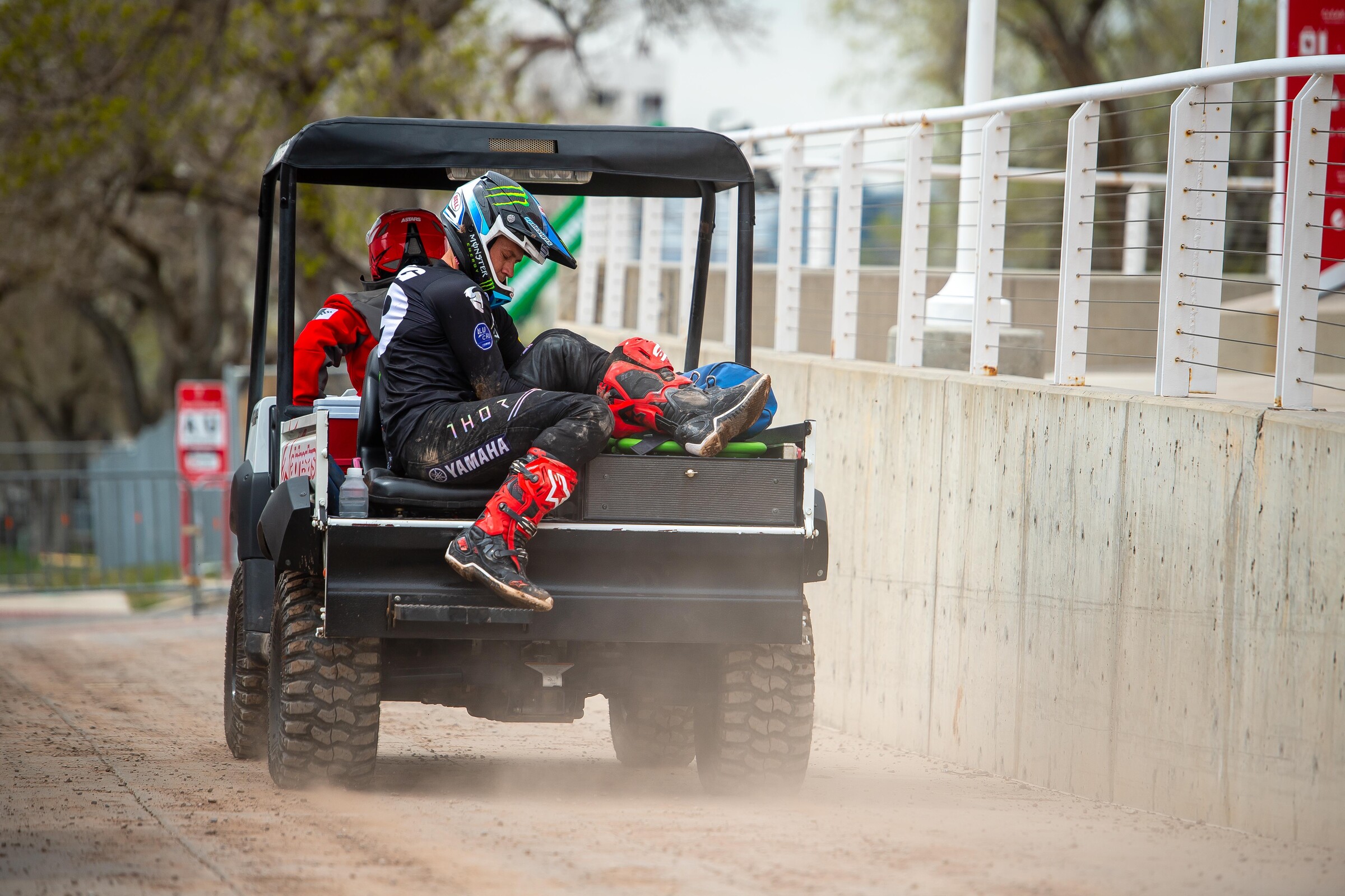 After bailing off on a jump, Craig had to take a ride back to the pits holding his ankle. We don't yet know his status for the evening.