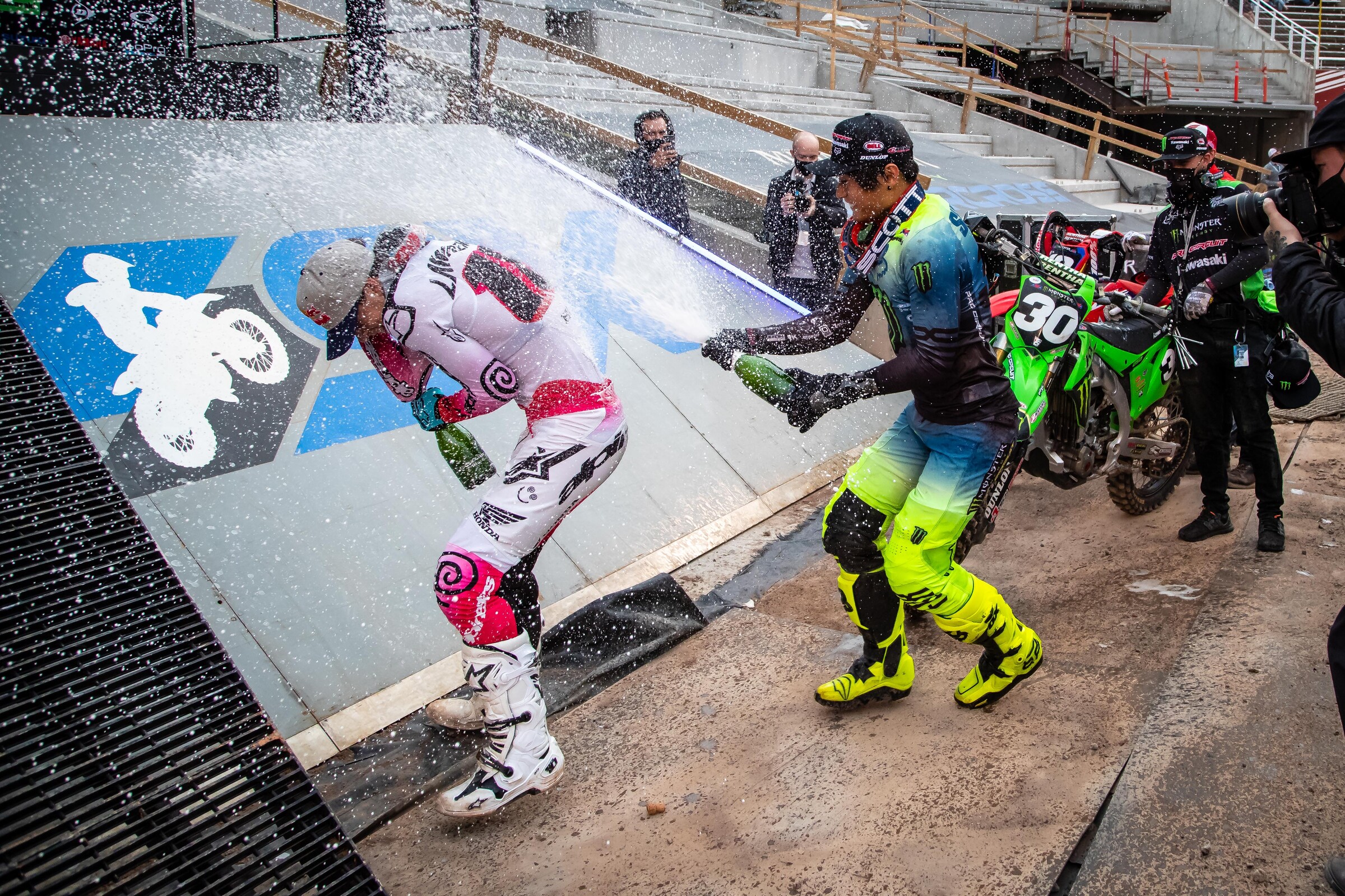 Lawrence celebrating with Shimoda after the race.