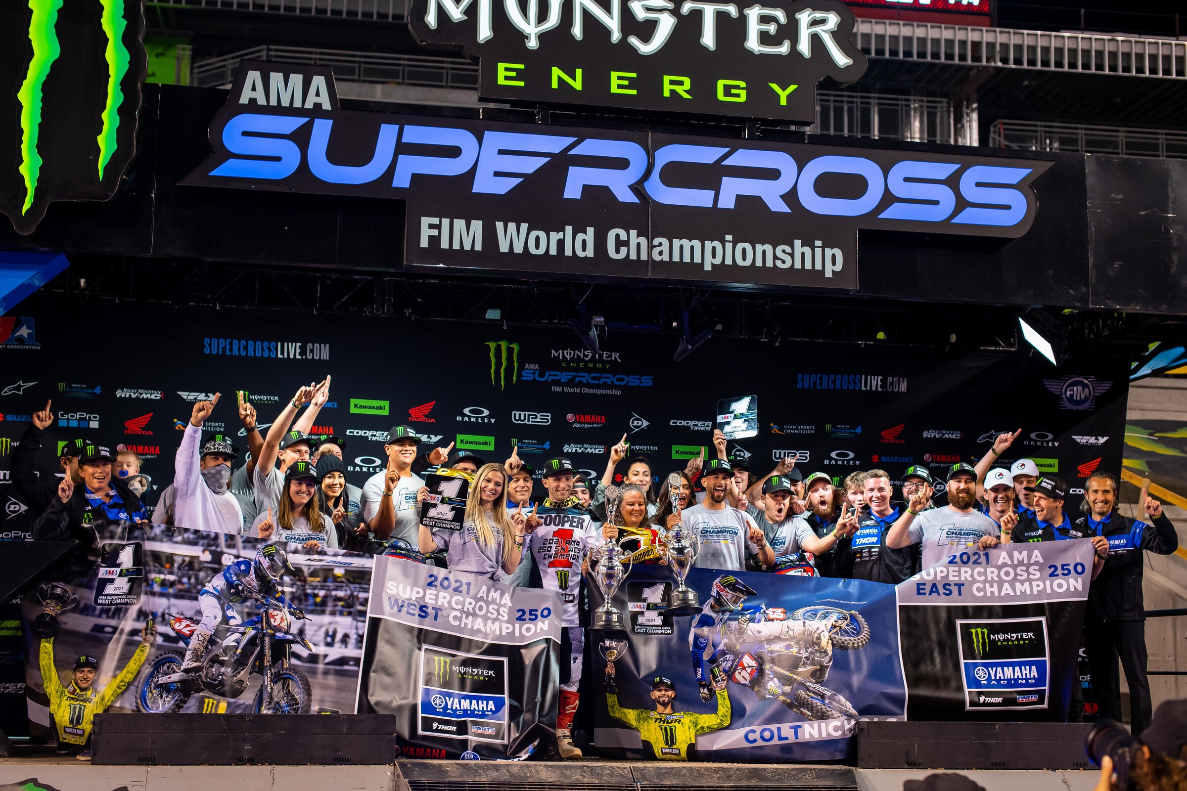 The Monster Energy/Star Yamaha Racing team celebrating Justin Cooper (West Region) and Colt Nichols' (East Region) respective titles.