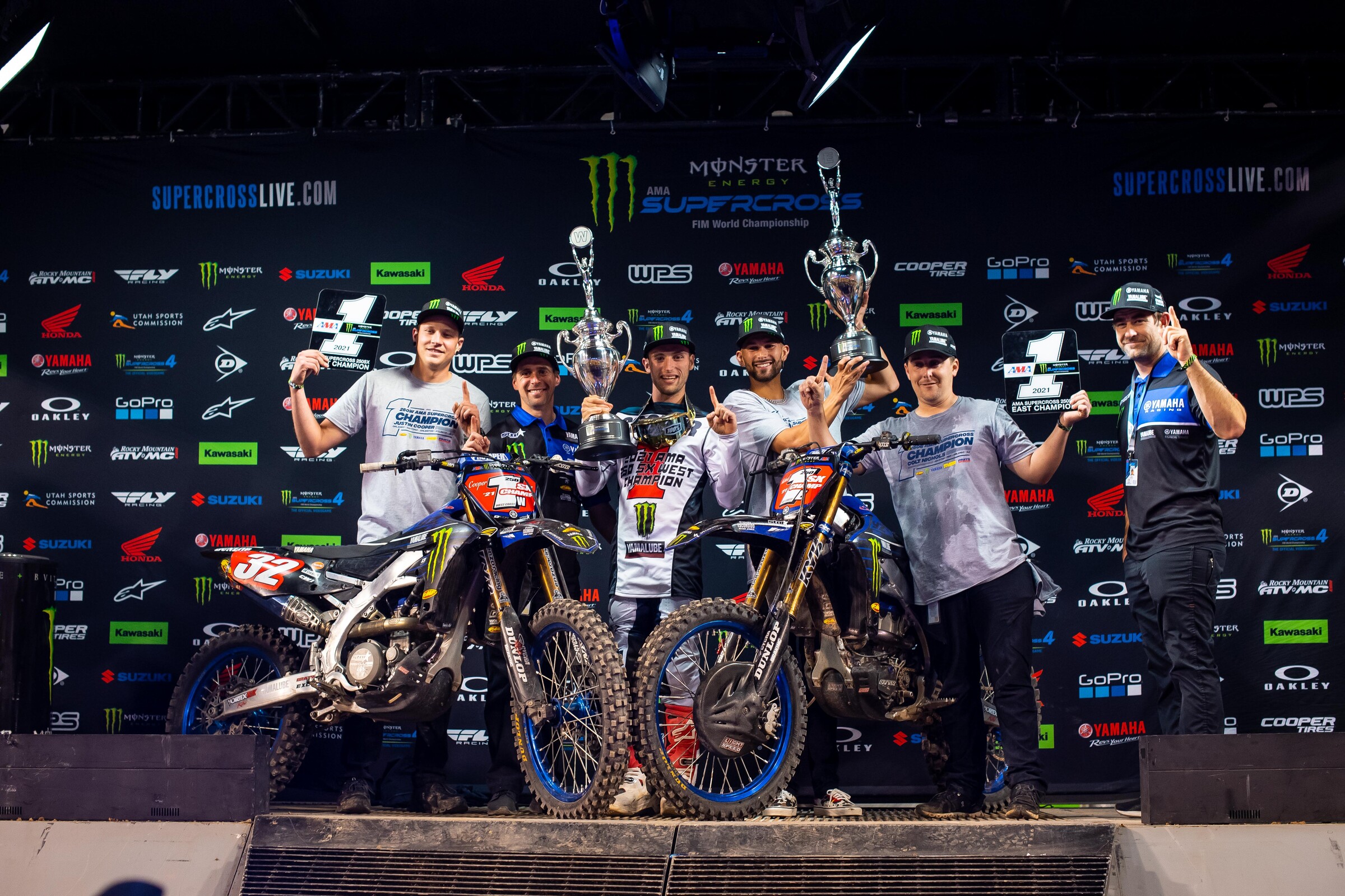 Monster Energy/Star Racing Yamaha celebrates Cooper and Nichols' titles.