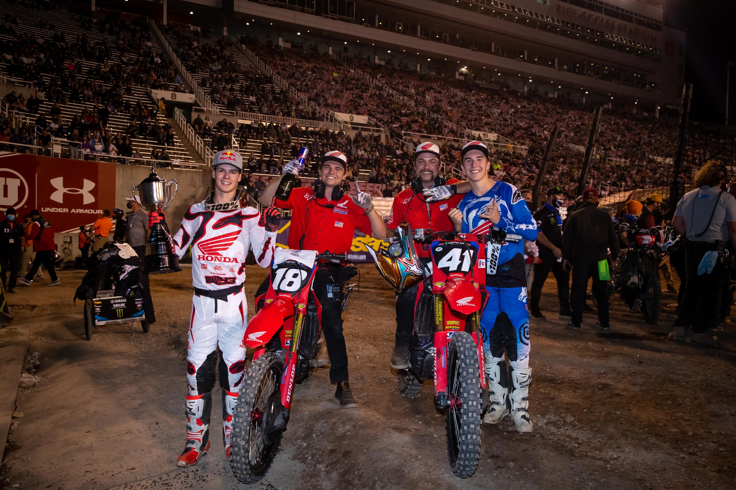 Jett and Hunter Lawrence with their mechanics Christien Ducharme and Cameron Camera.