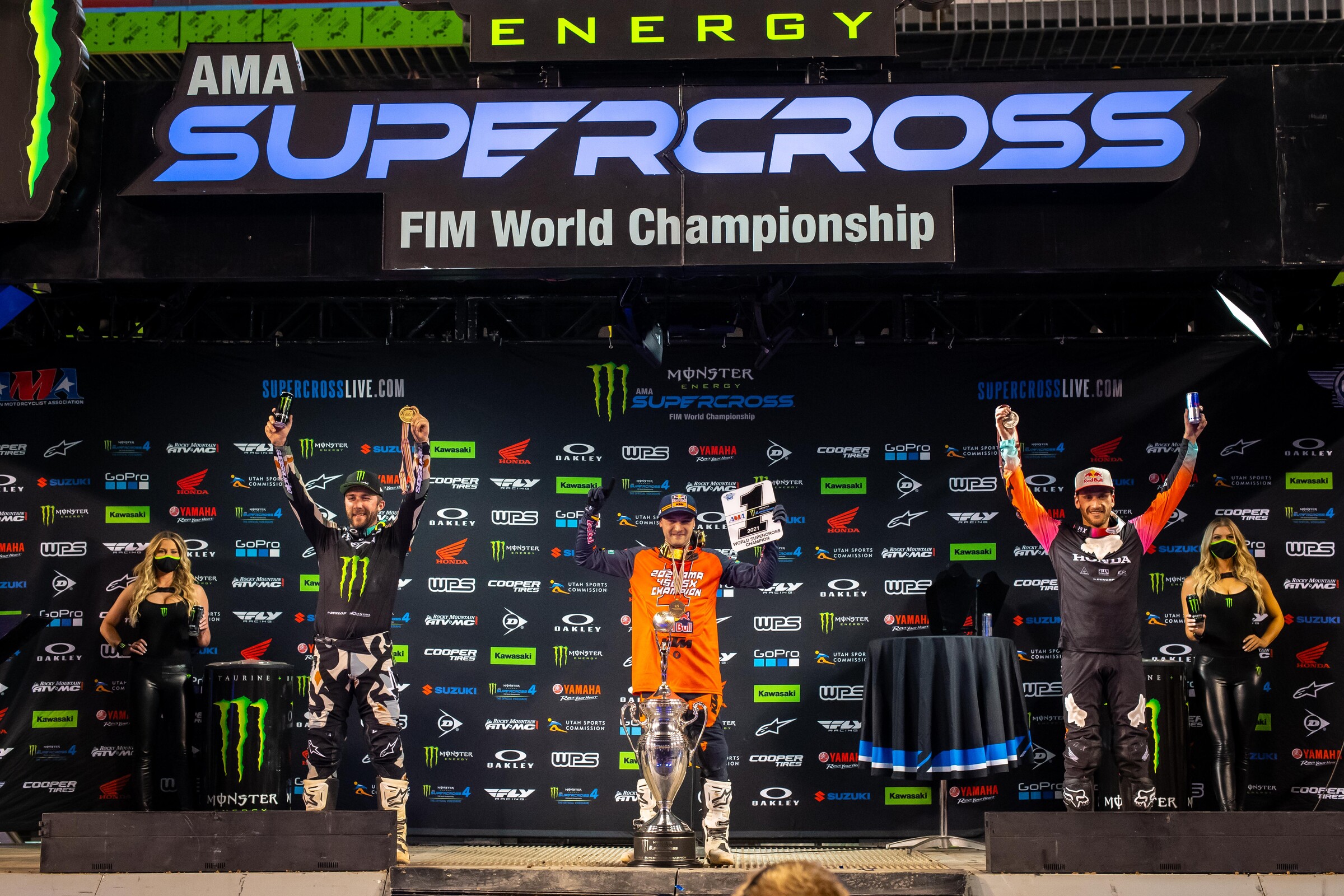 Ken Roczen (right, second in 450SX points) joined by Eli Tomac (left, third in 450SX points) and Cooper Webb (middle, 2021 450SX champion).