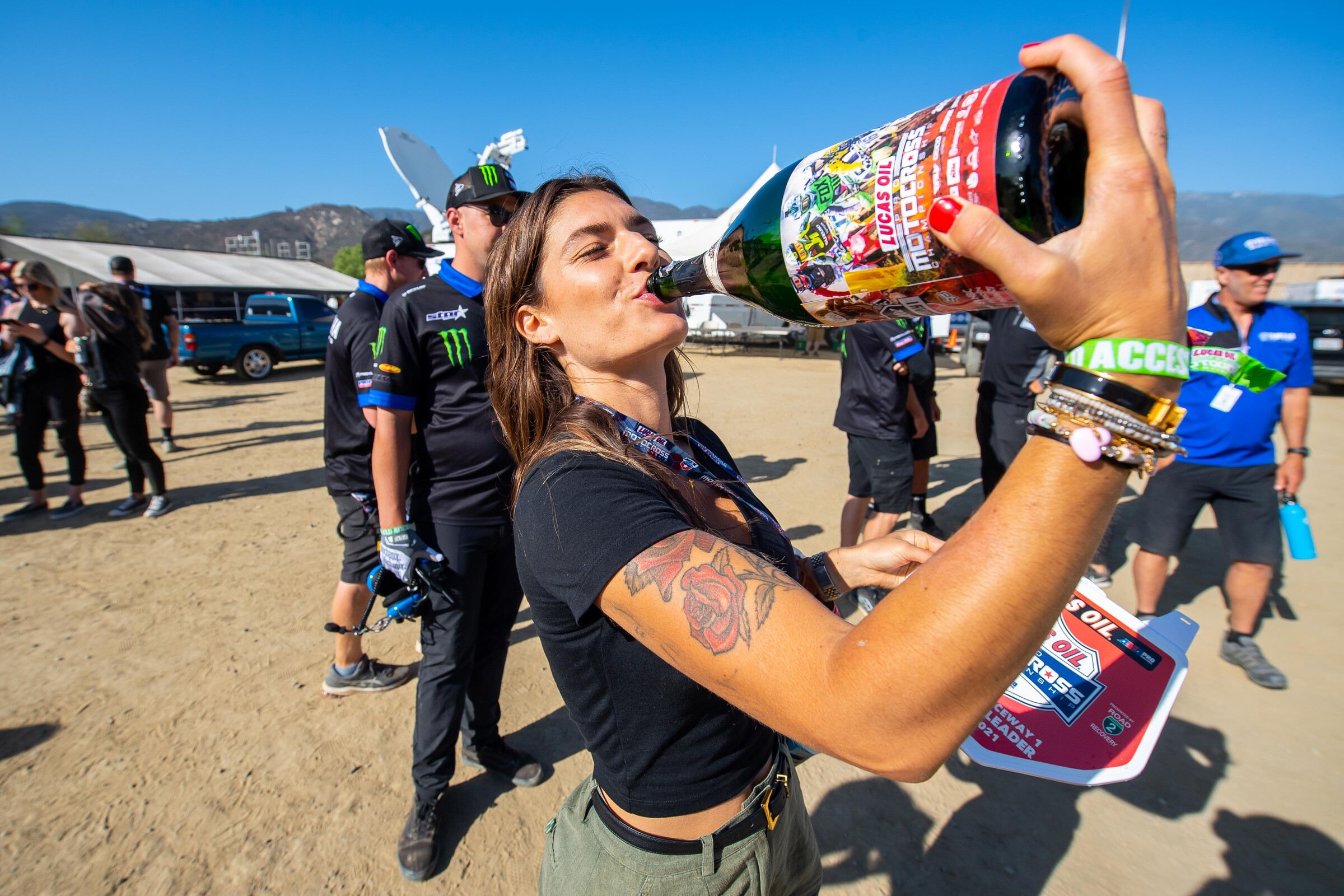 Nastasia Da Silva drinks up Dylan’s big win.