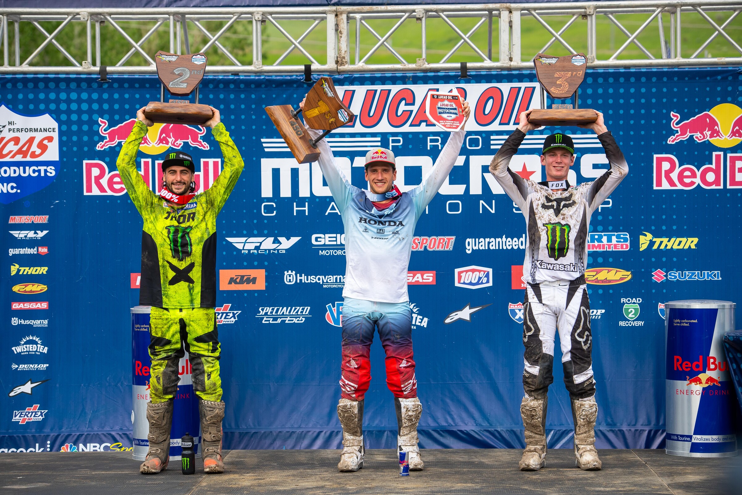 Roczen and Cianciarulo with Dylan Ferrandis on the overall podium at the Thunder Valley National.