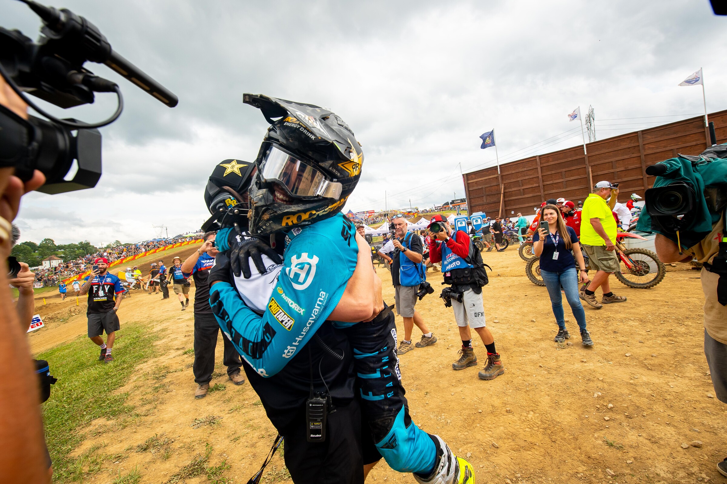 Swoll celebrates with his team manager Steve Westfall.