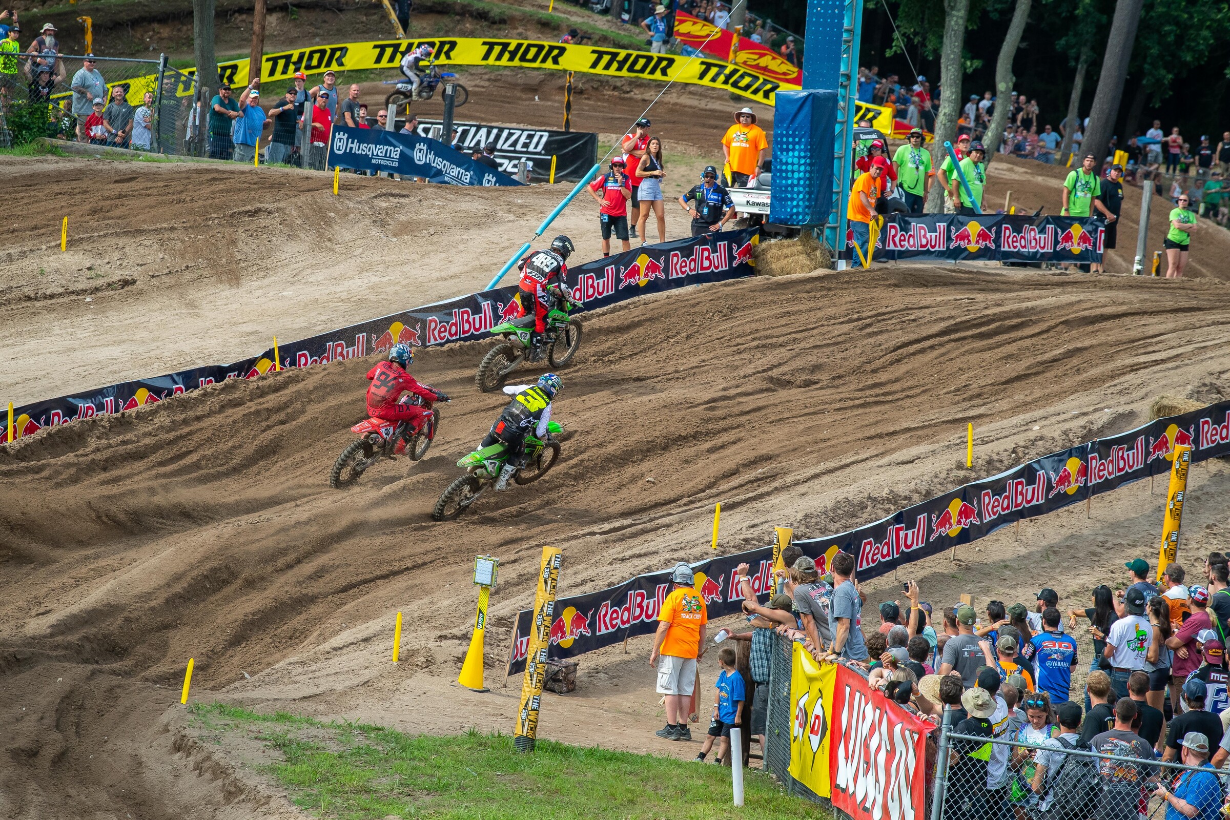 Tomac taking the lead from Roczen in the second moto. His eighth in moto 1 held him to fourth overall on the day.