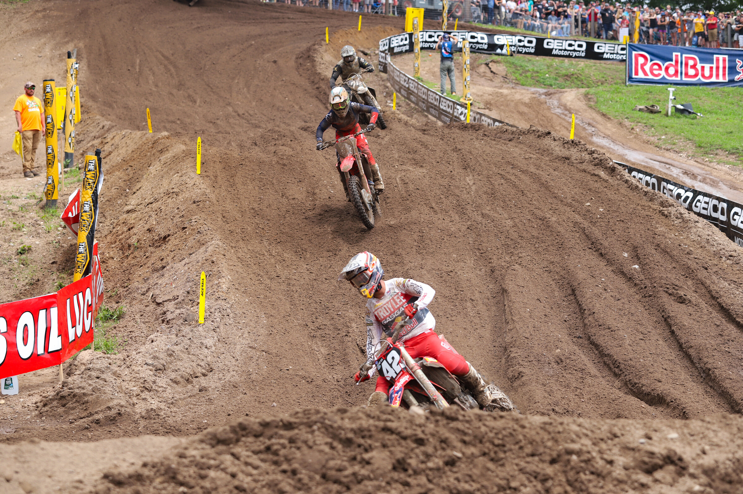 Michael Mosiman, Hunter Lawrence, and RJ Hampshire battling for the lead in the first moto.
