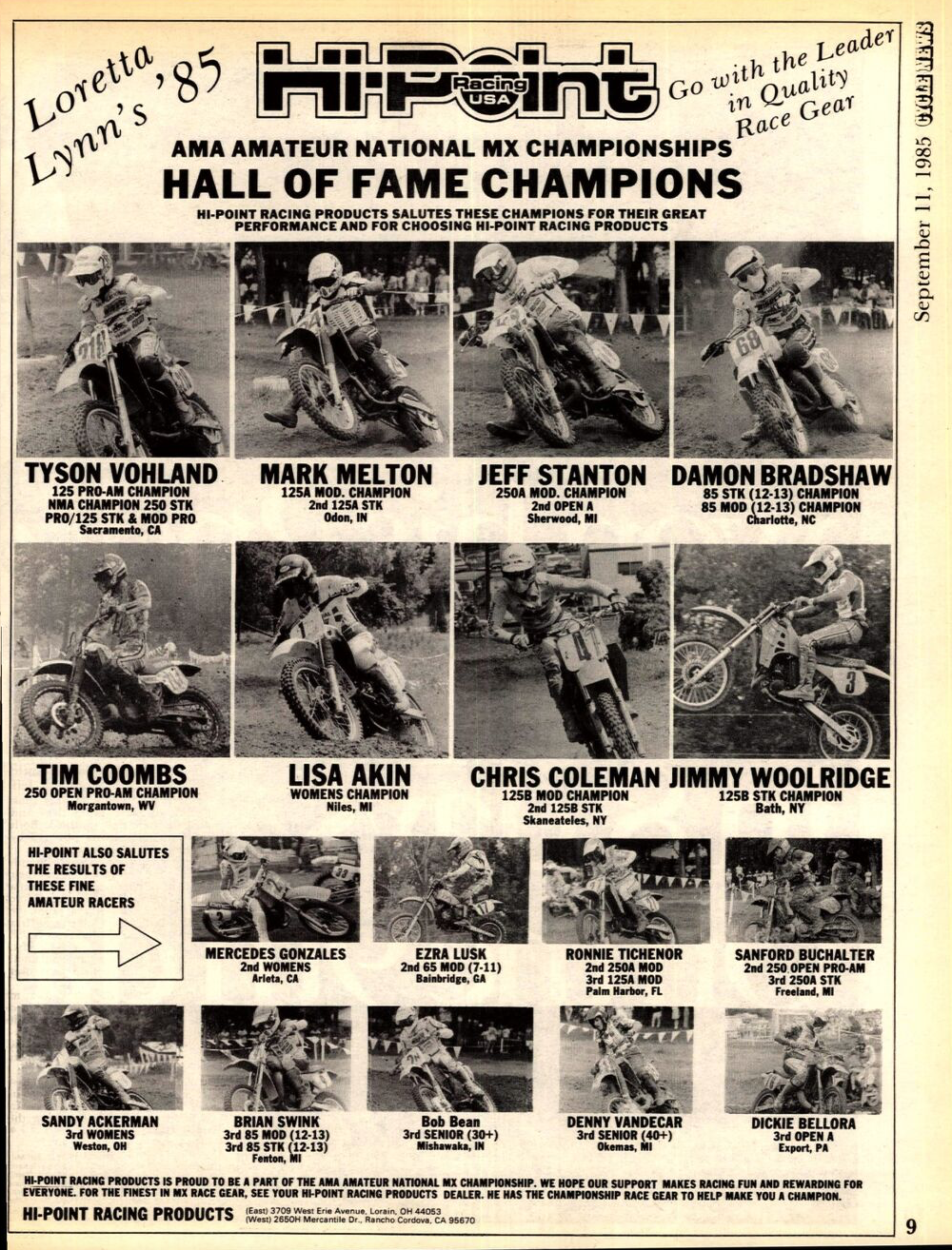 A Hi-Point advertisement celebrating some of the top finishers in 1985.