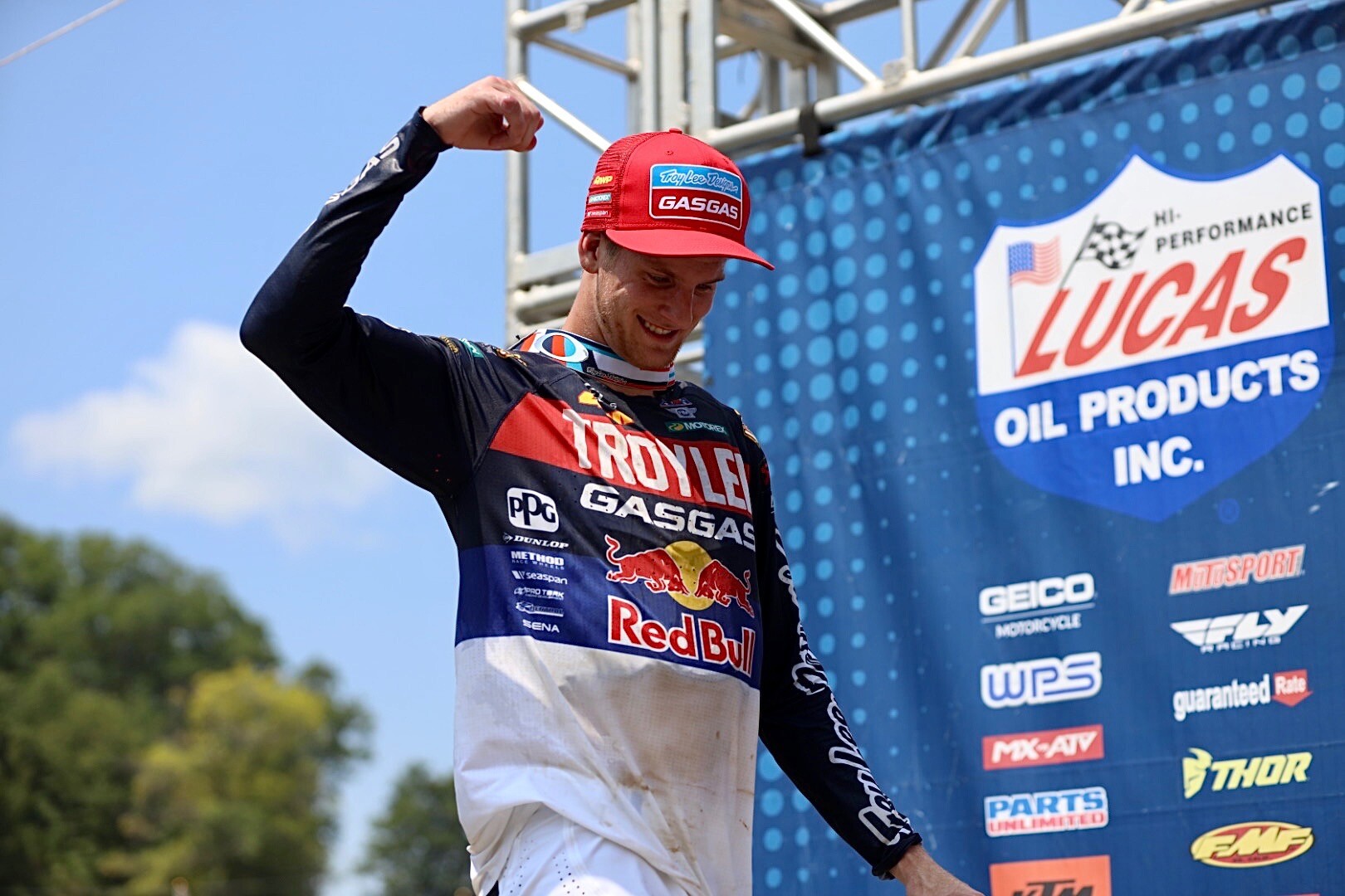 Michael Mosiman fist pumps to the crowd after his first moto podium of the season.