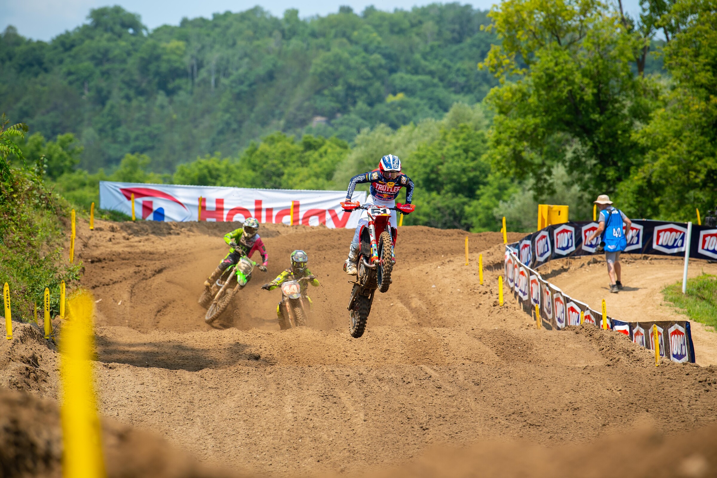 Justin Barcia holding steady with Ferrandis and Tomac applying pressure in the first moto.