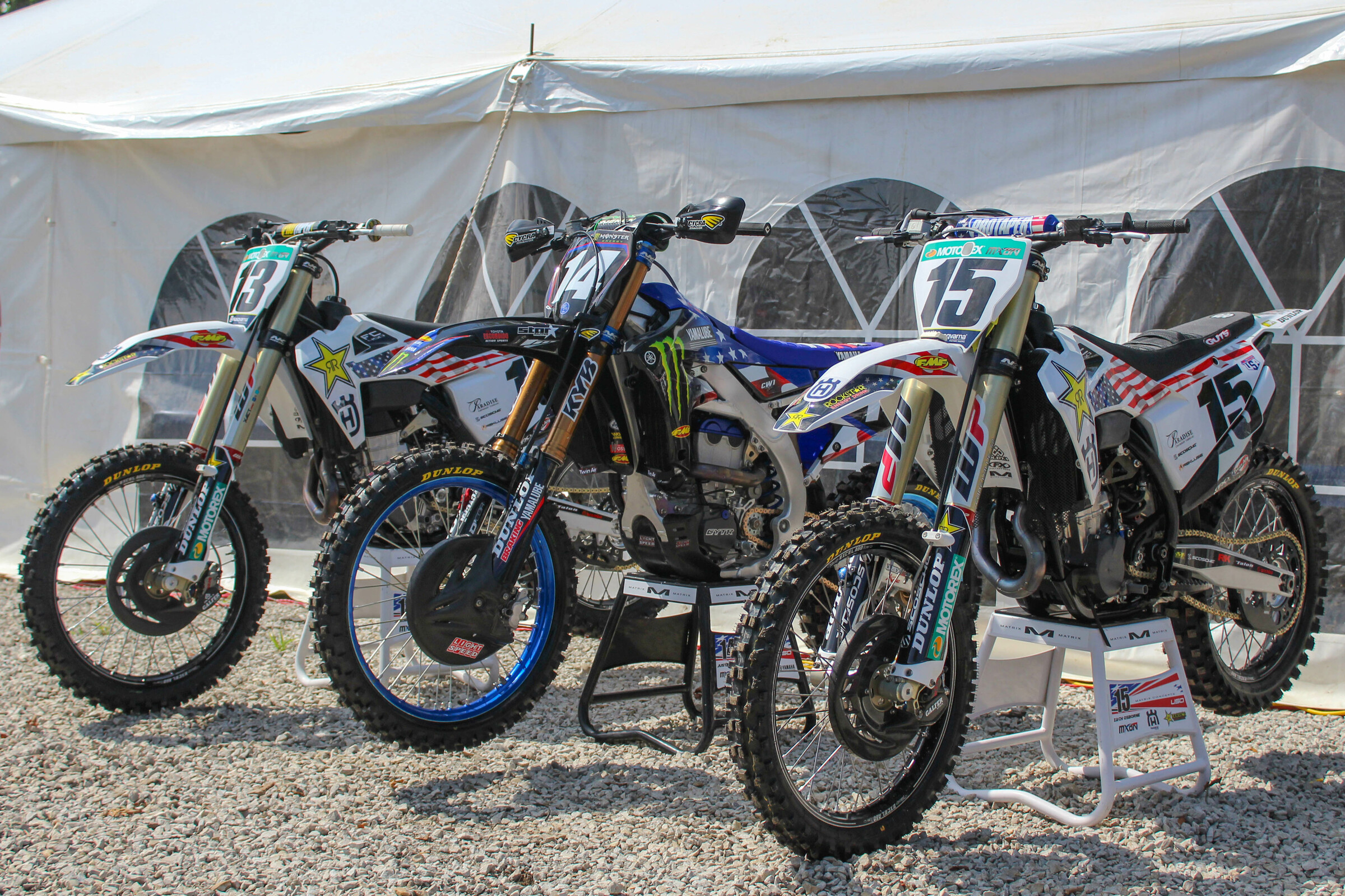 The race bikes for Jason Anderson (#13), Justin Cooper (#14), and Zach Osborne (#15) for Team USA for the 2019 MXoN.