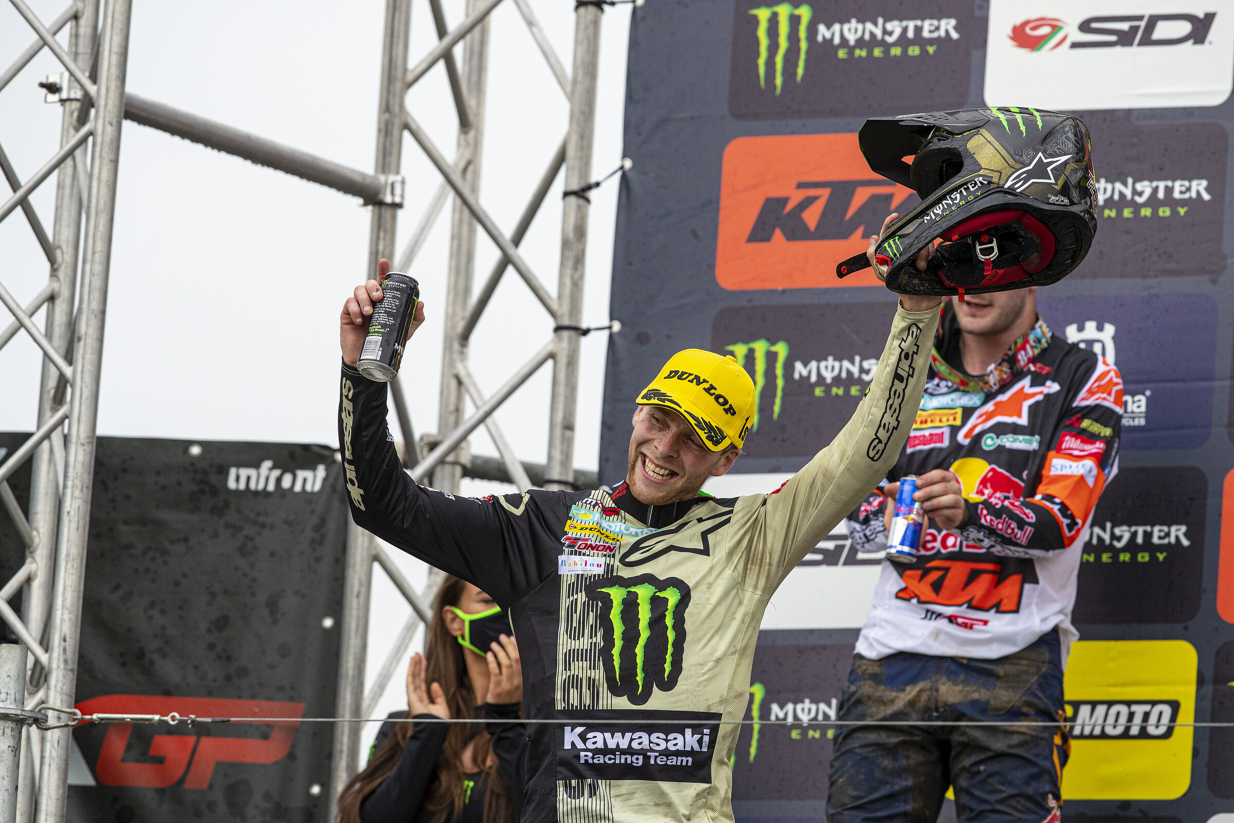 Febvre celebrates his first win of 2021, his second with the Monster Energy Kawasaki team since the start of 2020.