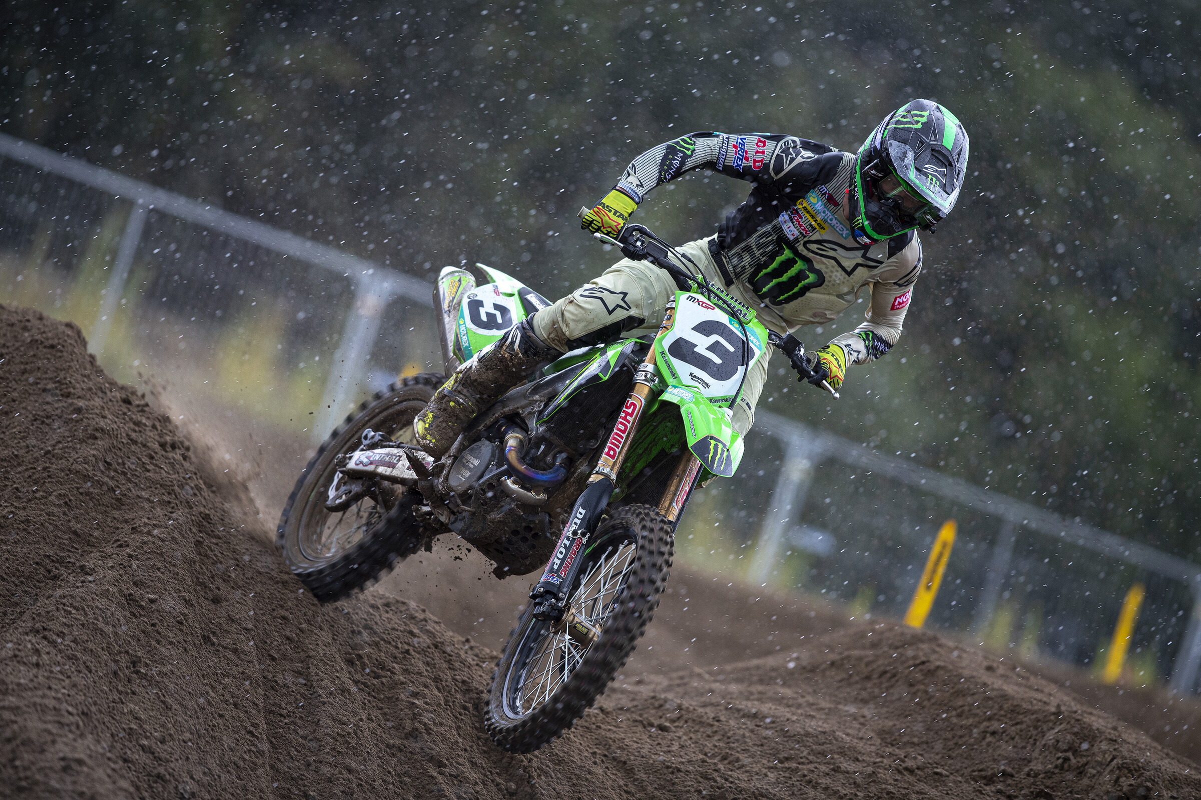 Romain Febvre battling the Lommel sand and rain in Belgium.