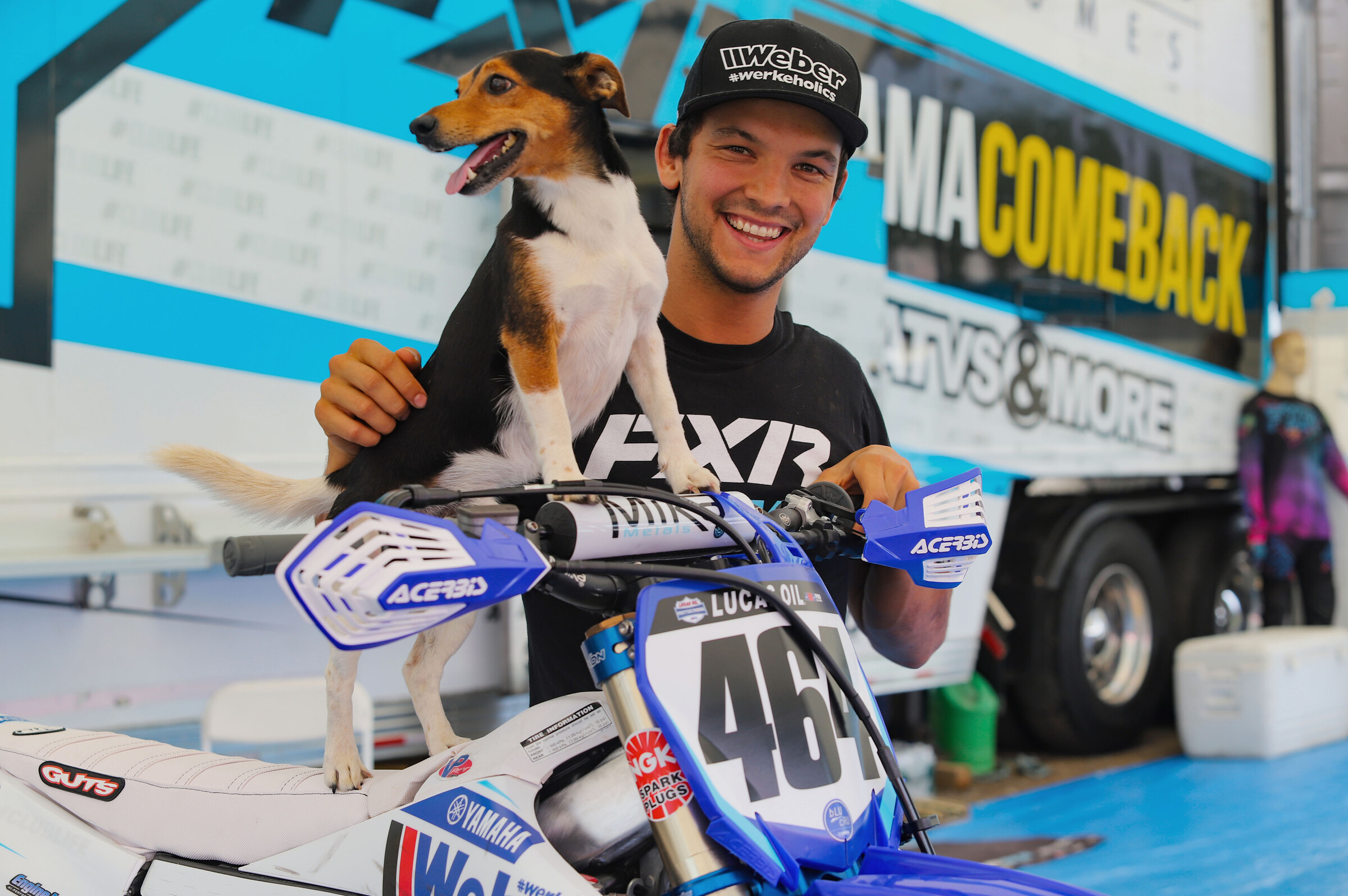 German Dominique Thury will be making his AMA Motocross debut on a ClubMX Yamaha YZ450F at Unadilla. Here he poses with his dog, Bailey.
