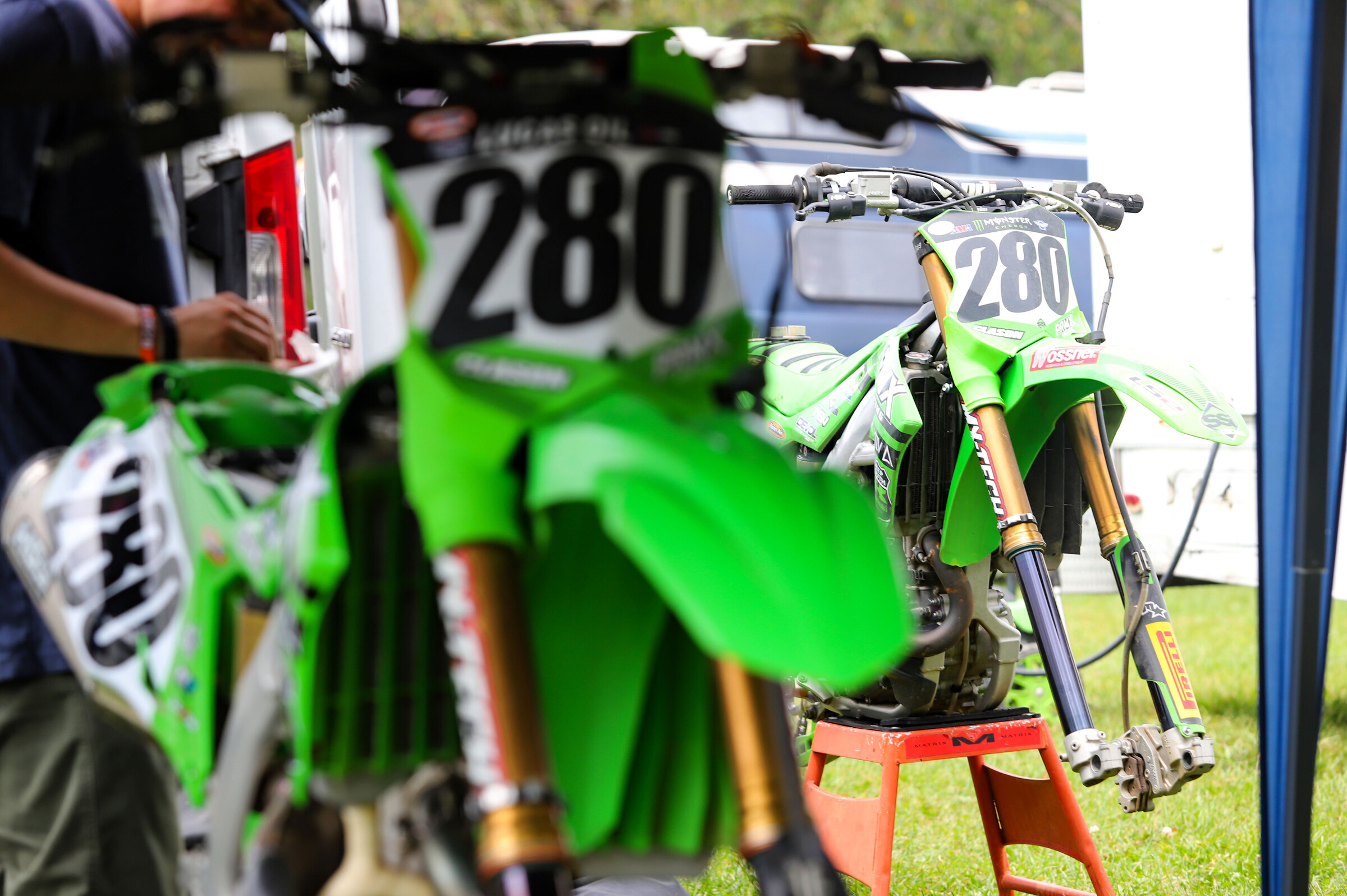 Clason’s tires are in the Pirelli shop.