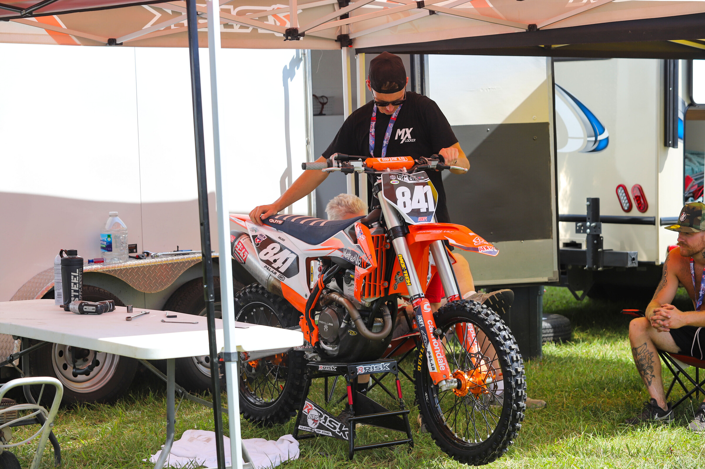Jeff Walker balances his race machine on its stand.