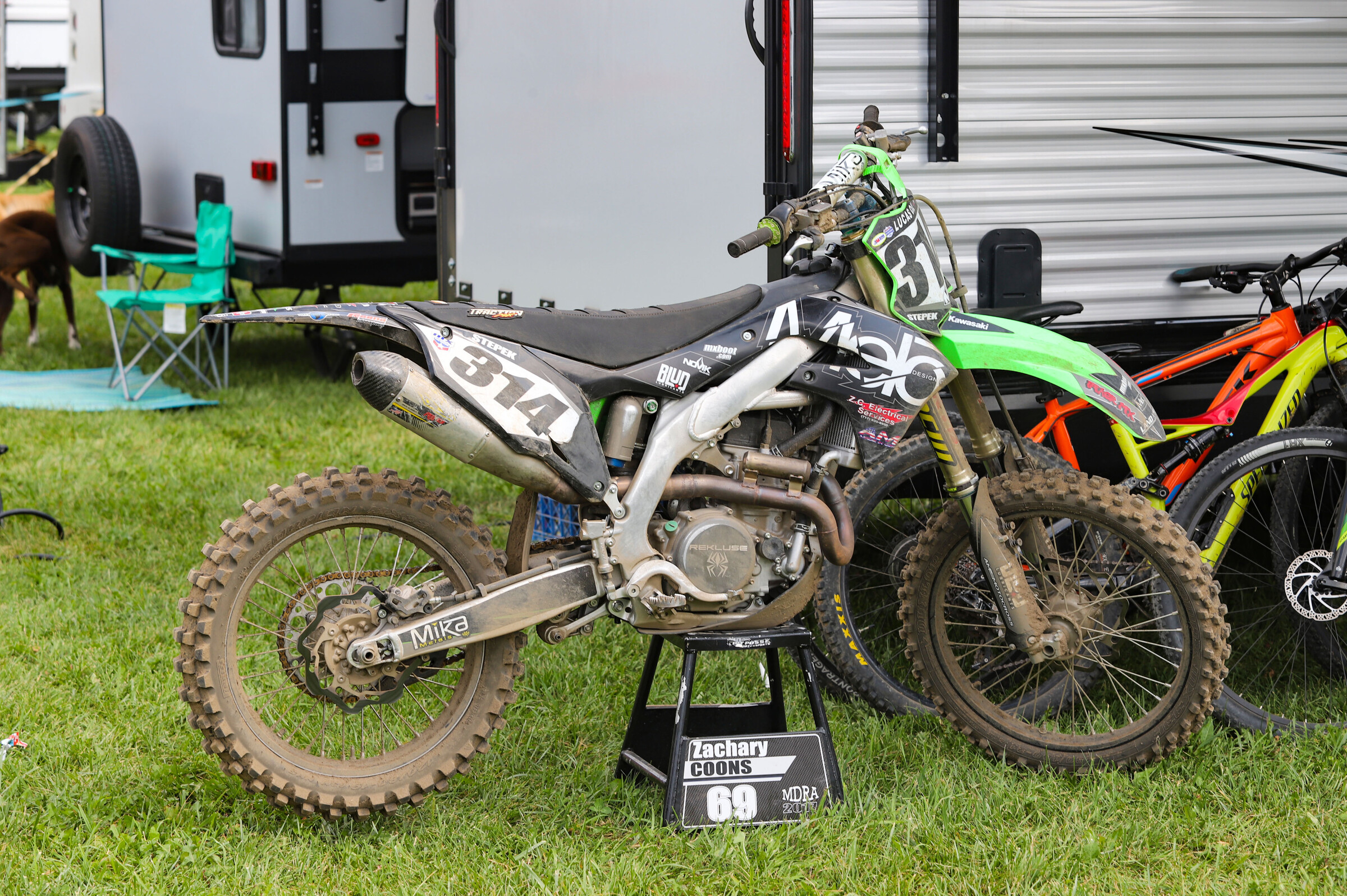 Tyler Stepek's #314 Kawasaki KX450 is a little dusty but ready to go for Saturday.