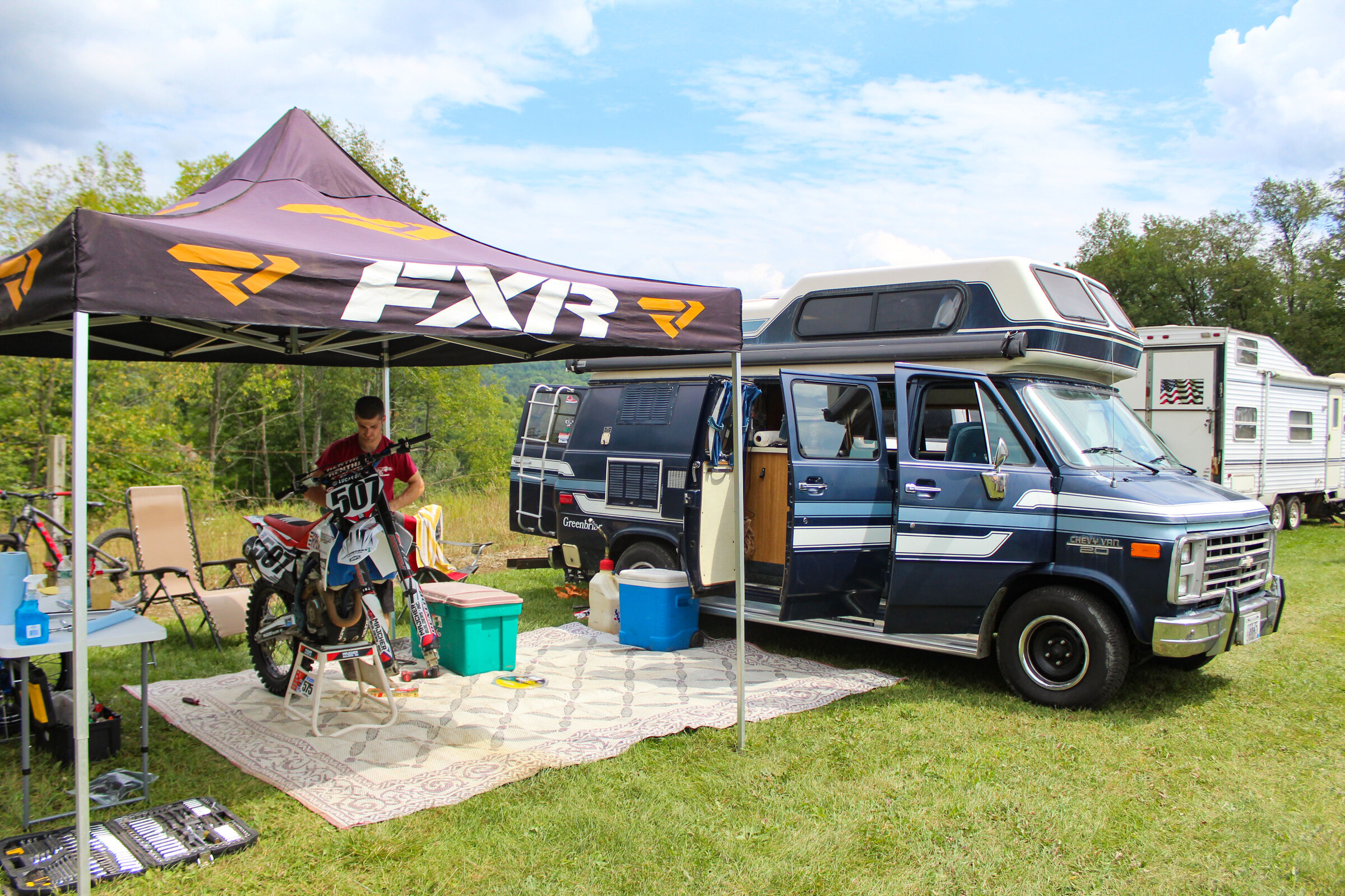 Lanphear's steup, which includes an awesome 1988 van.