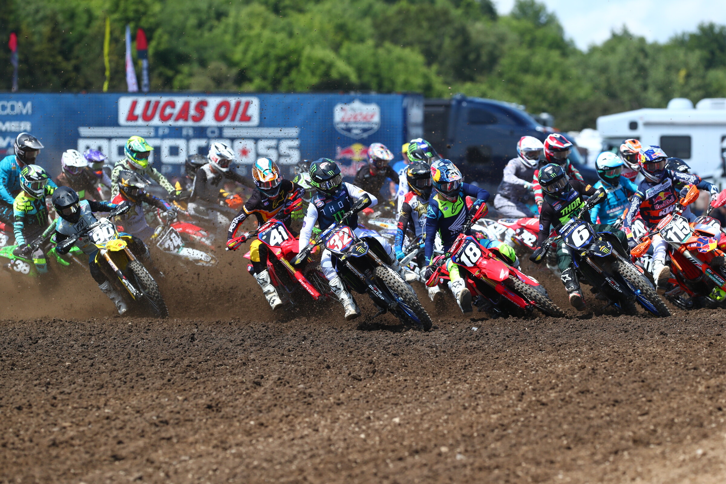 The 250 Class goes through the first turn here at Unadilla MX.
