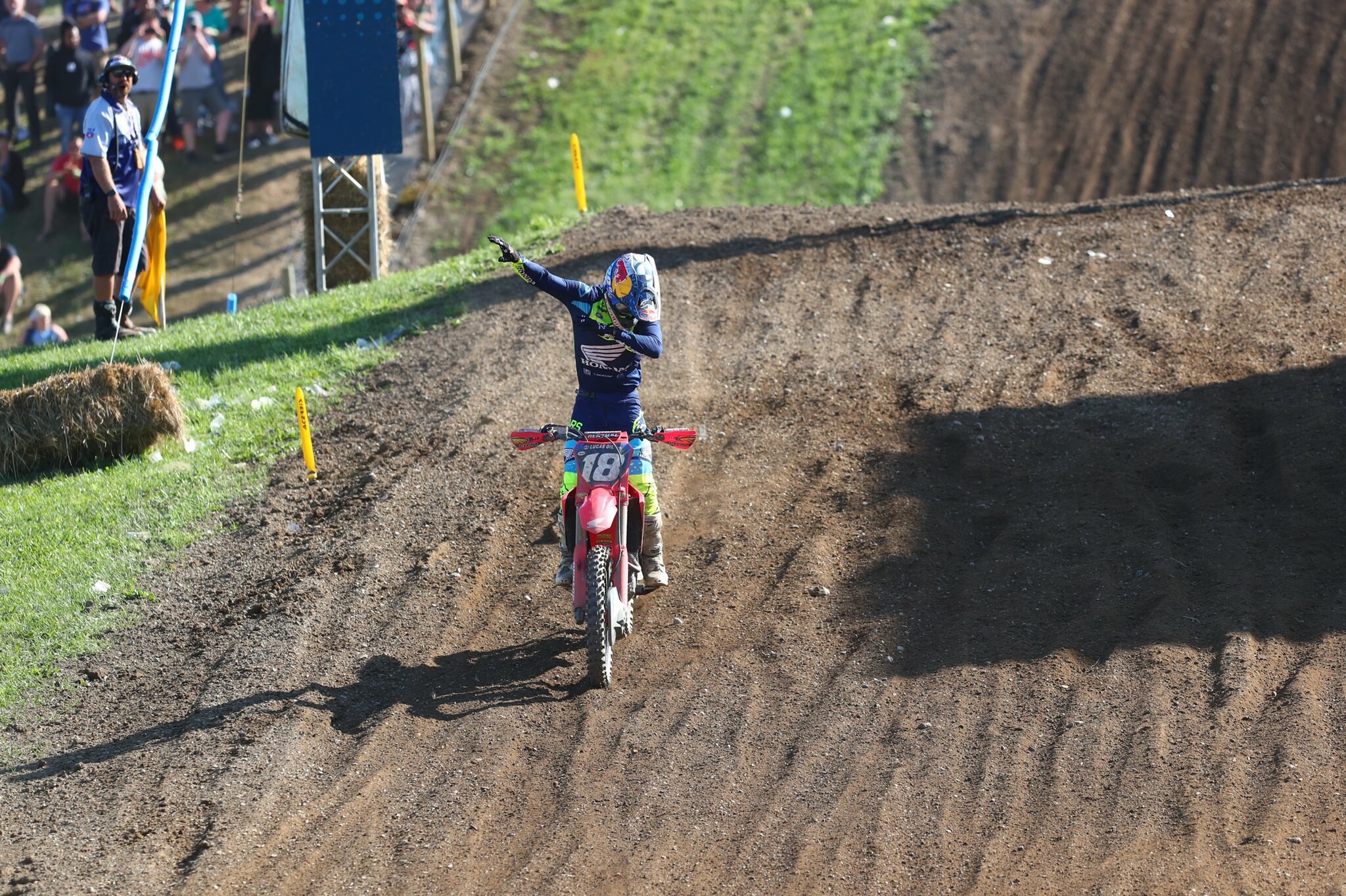 Jett Lawrence celebrates after his second moto victory at Unadilla.