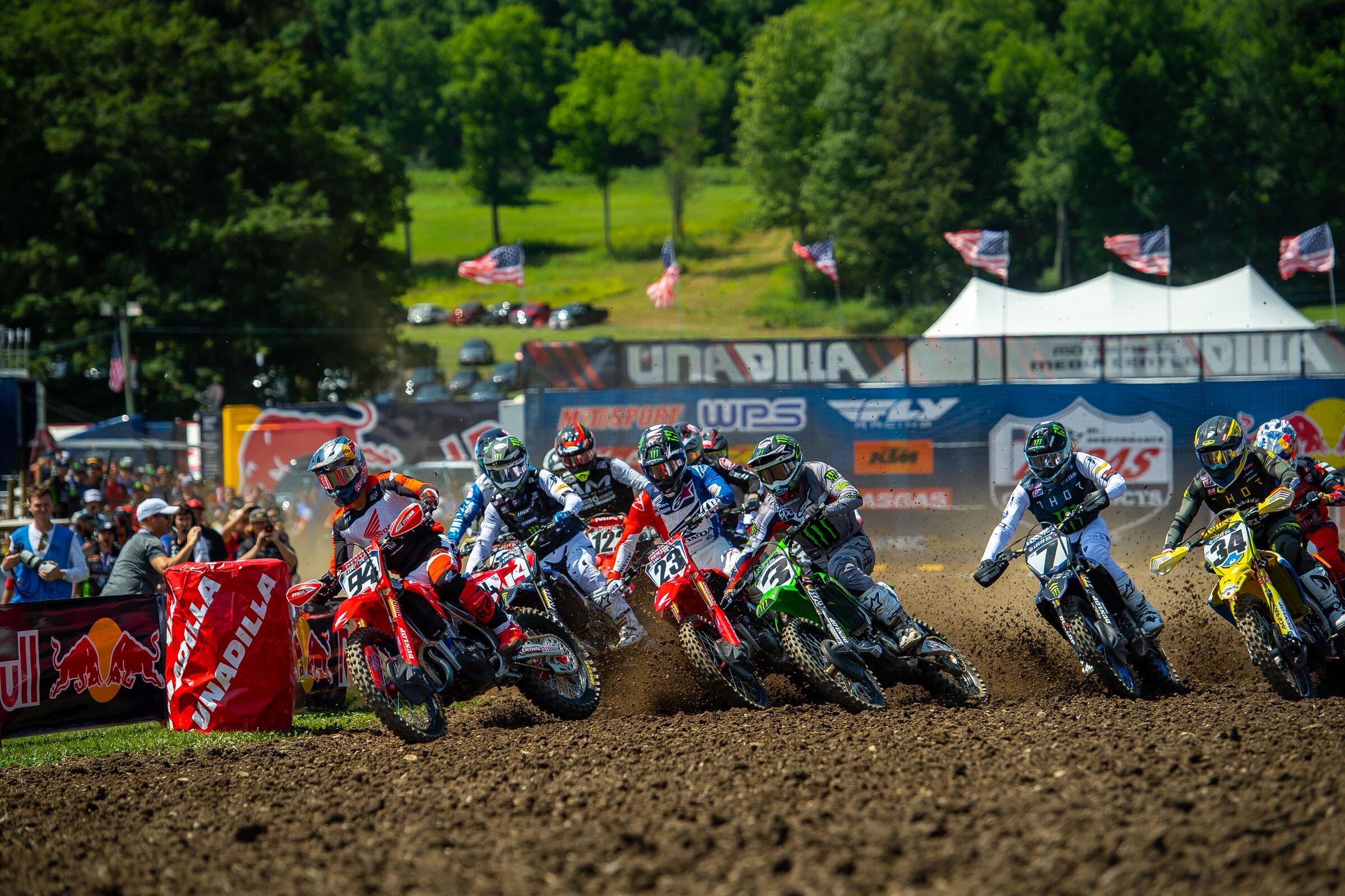 Ken Roczen lead the 450 Class into the first turn during moto one.