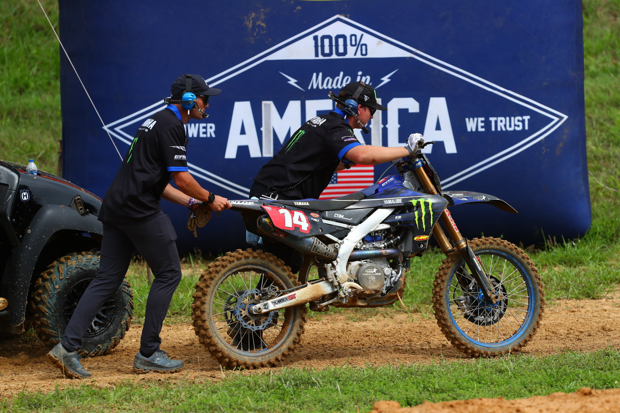 Ferrandis' chainless Yamaha being pushed back to the pits.
