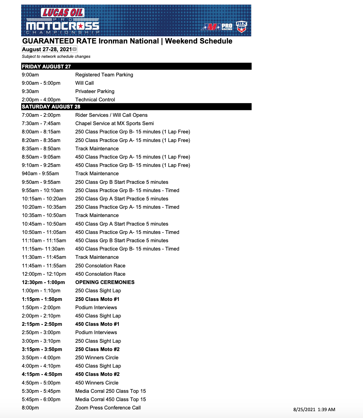 The 2021 Ironman National race day schedule.
