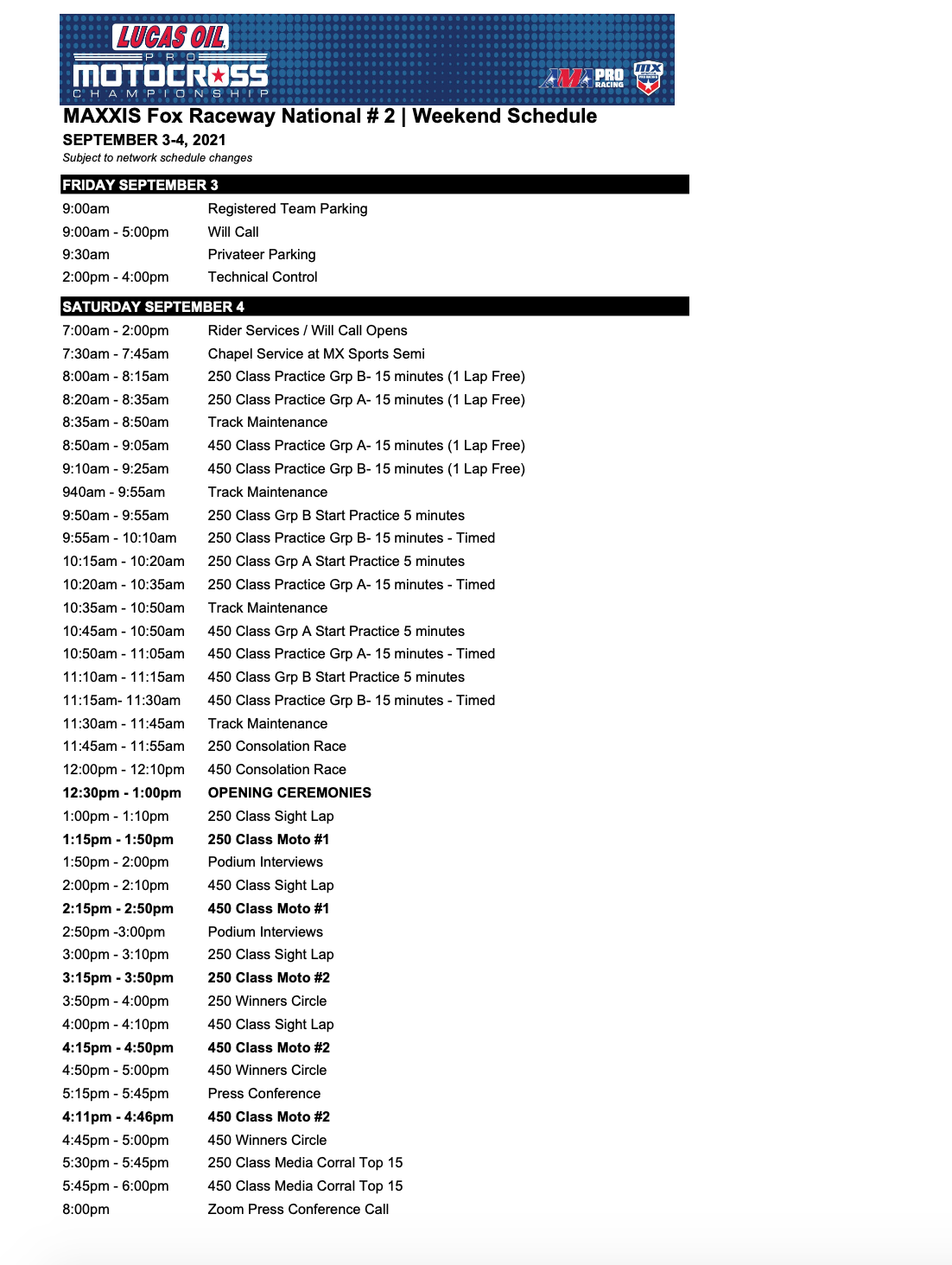 2021 Fox Raceway 2 National race day schedule.