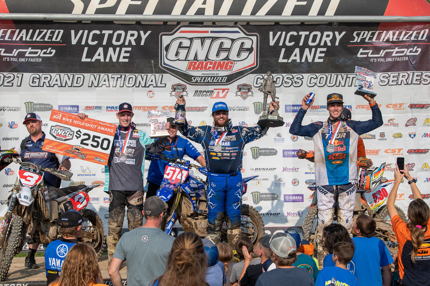 Steward Baylor (center), Ben Kelley (right) and Jordan Ashburn (left) rounded out the top three overall finishers from the Rocky Mountain ATV/MC Mountaineer GNCC.