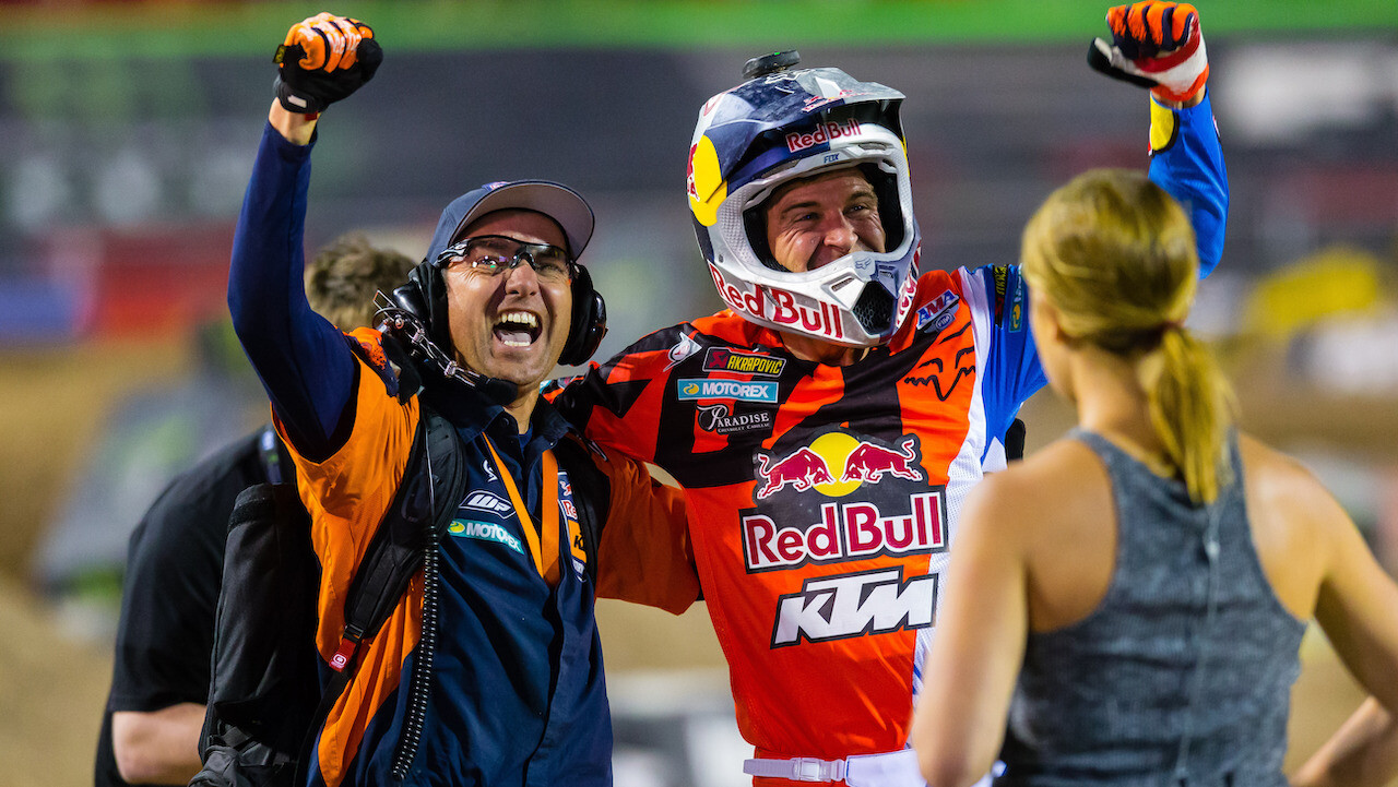 Ryan Dungey celebrates clinching the supercross title at his final race, in 2017.