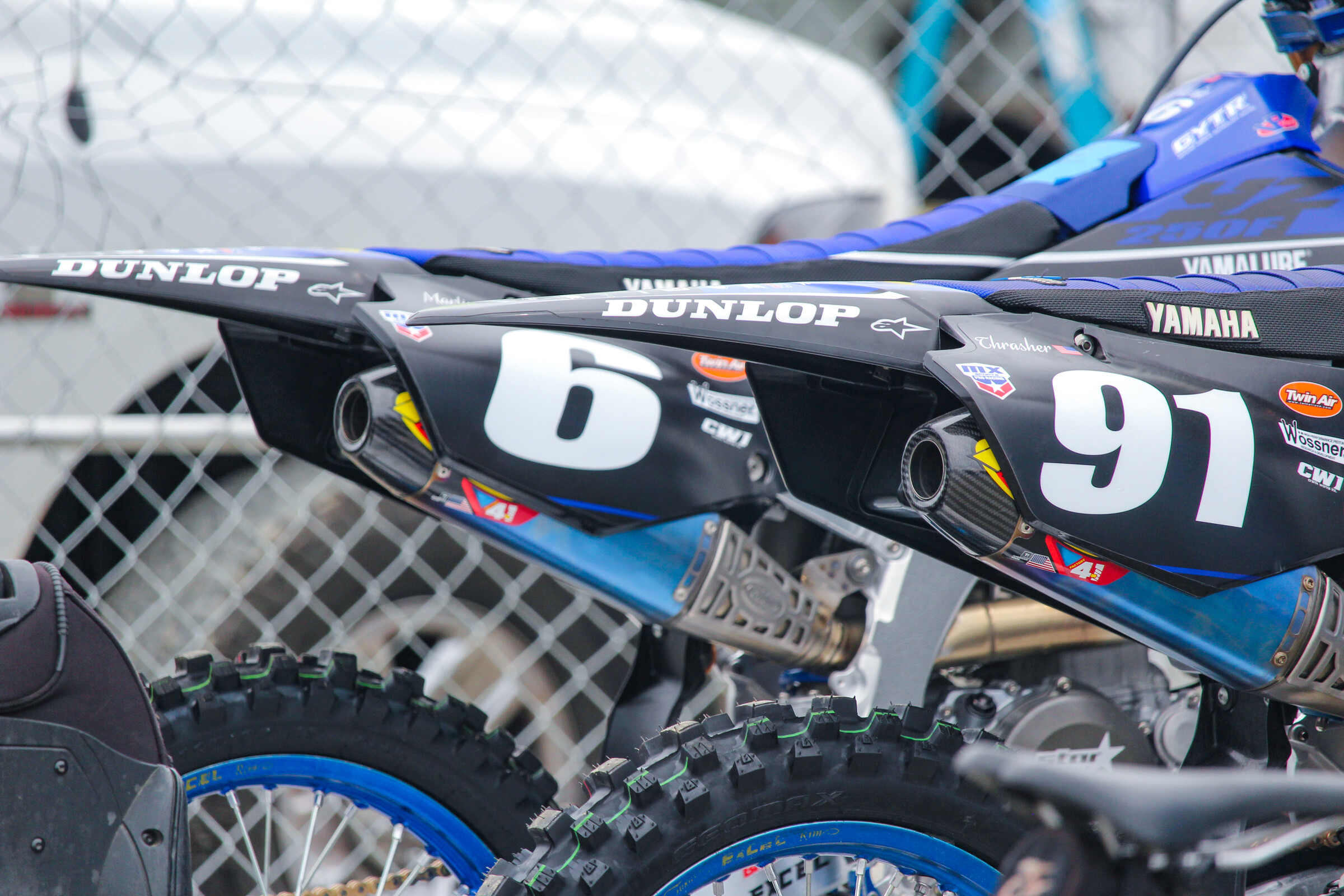 Martin and Nate Thrasher's Monster Energy/Star Racing Yamaha YZ250F race machines sit at High Point Raceway while the two were sidelined with injuries.