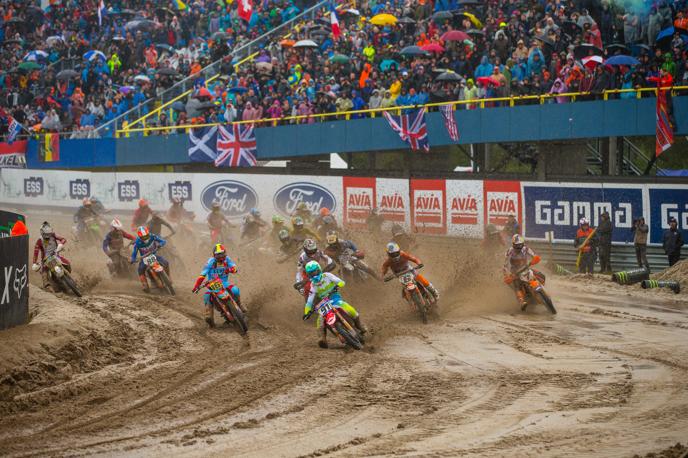 Tim Gajser leading the field out of the first turn at the 2019 Monster Energy FIM Motocross of Nations.