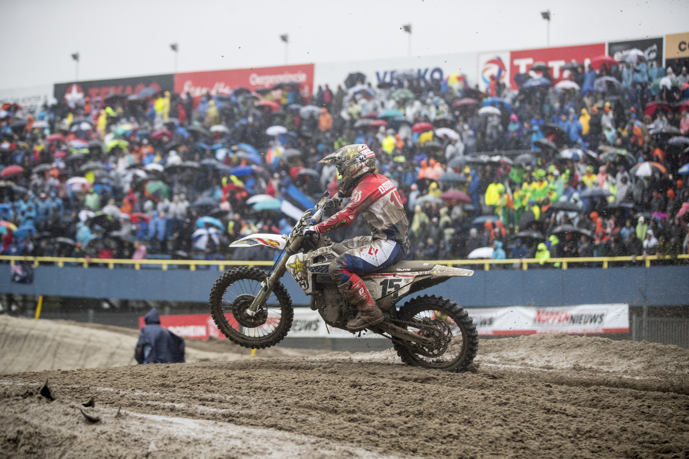 Zach Osborne sloshing through the wet conditions at the 2019 Motocross of Nations.